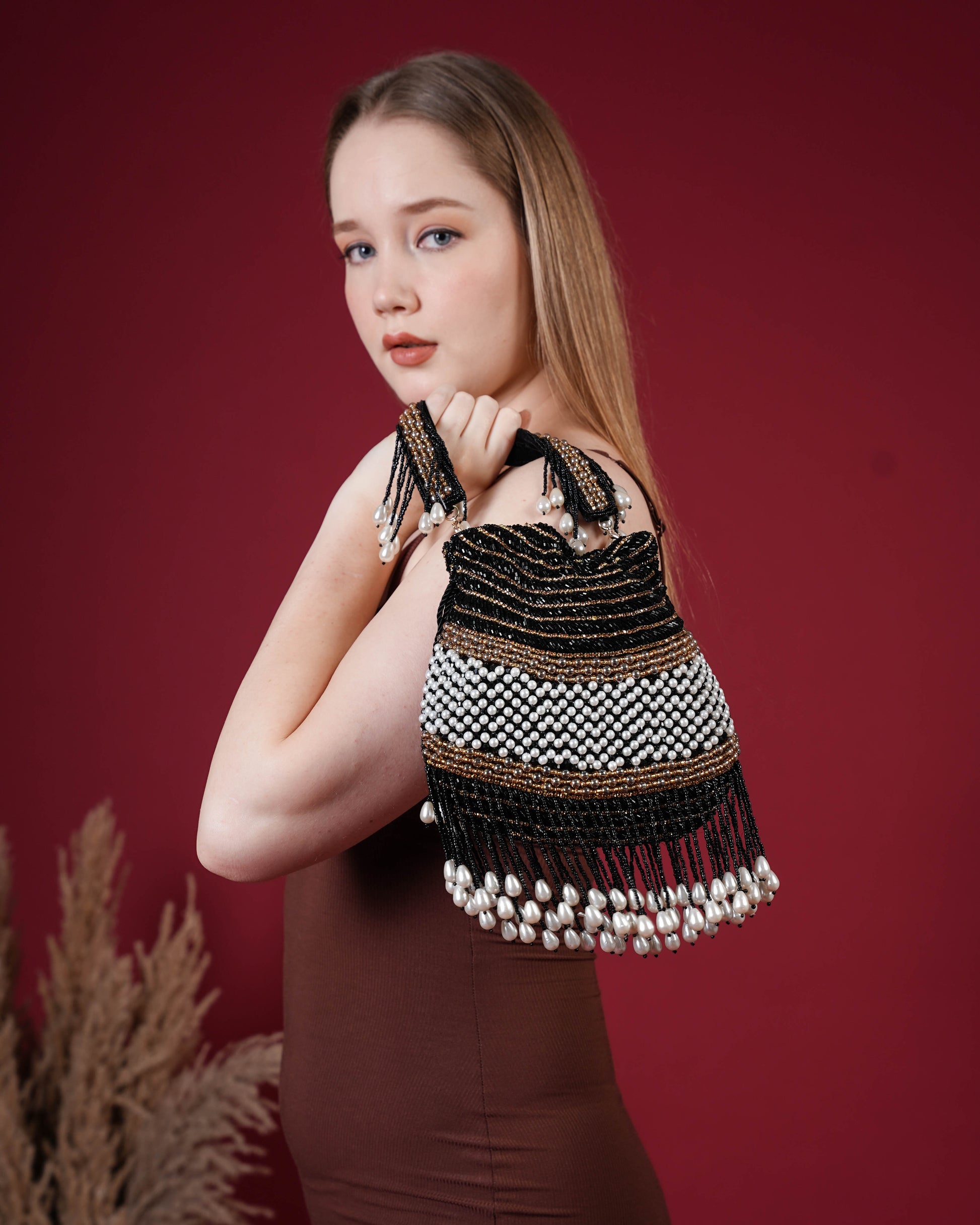 Seraphina Gleam Potli – Black Pearl Drop Embellished Bag