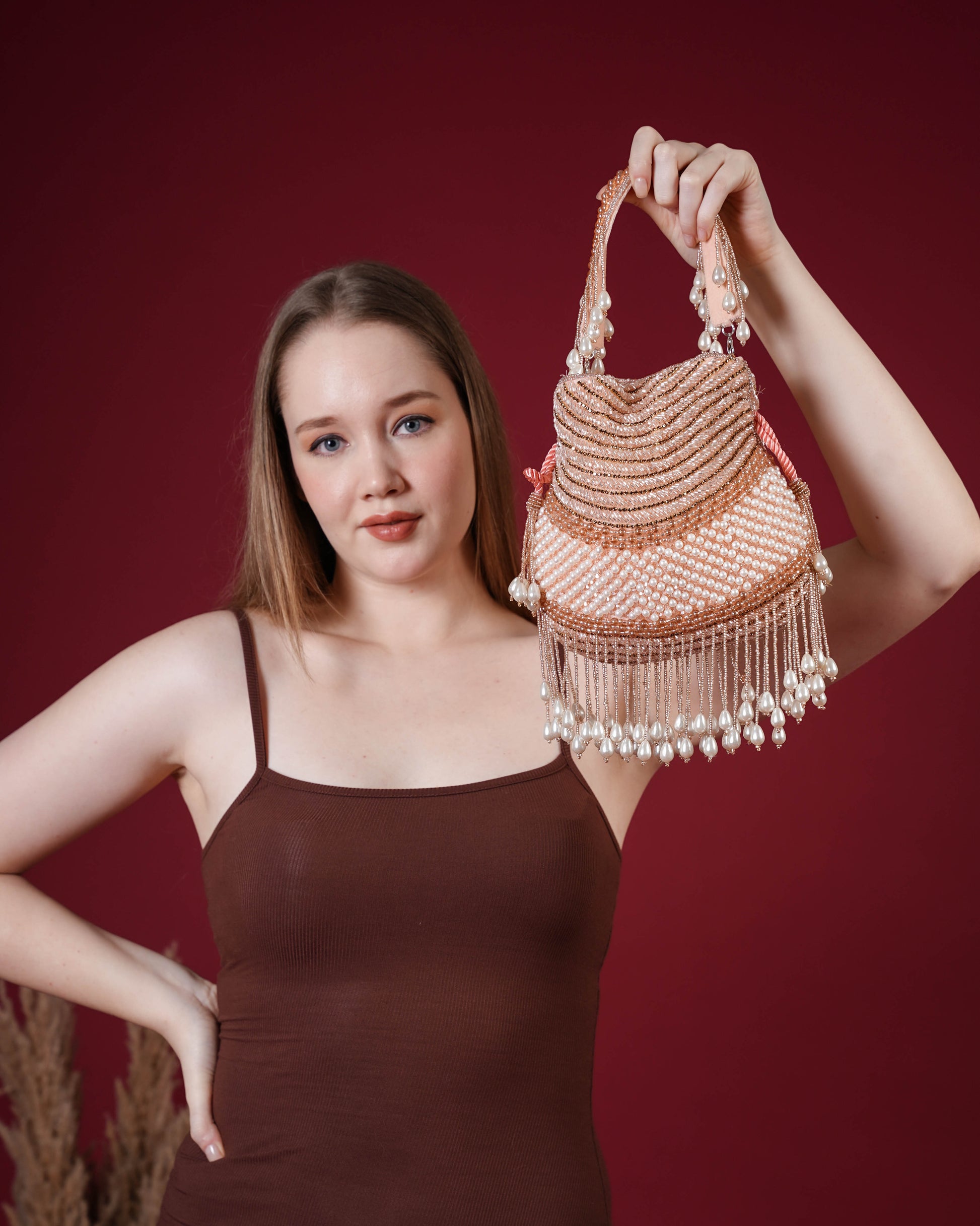 Seraphina Gleam Potli – Peach Pearl Drop Embellished Bag