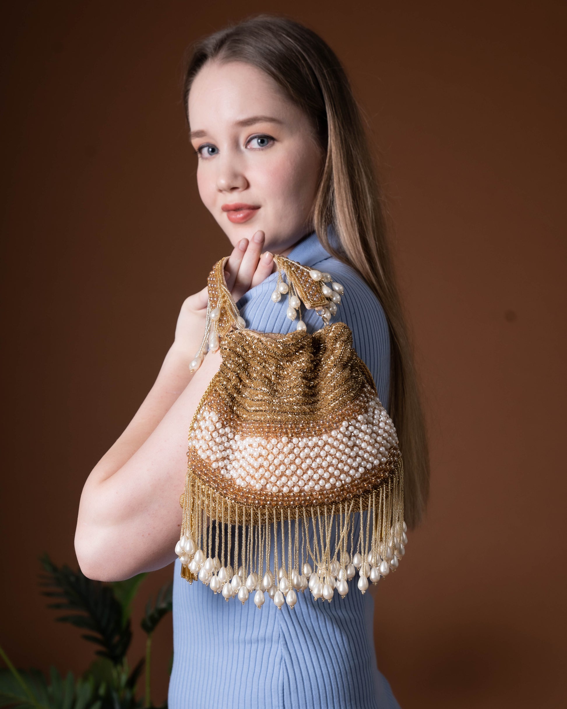 Seraphina Gleam Potli – Golden Pearl Drop Embellished Bag