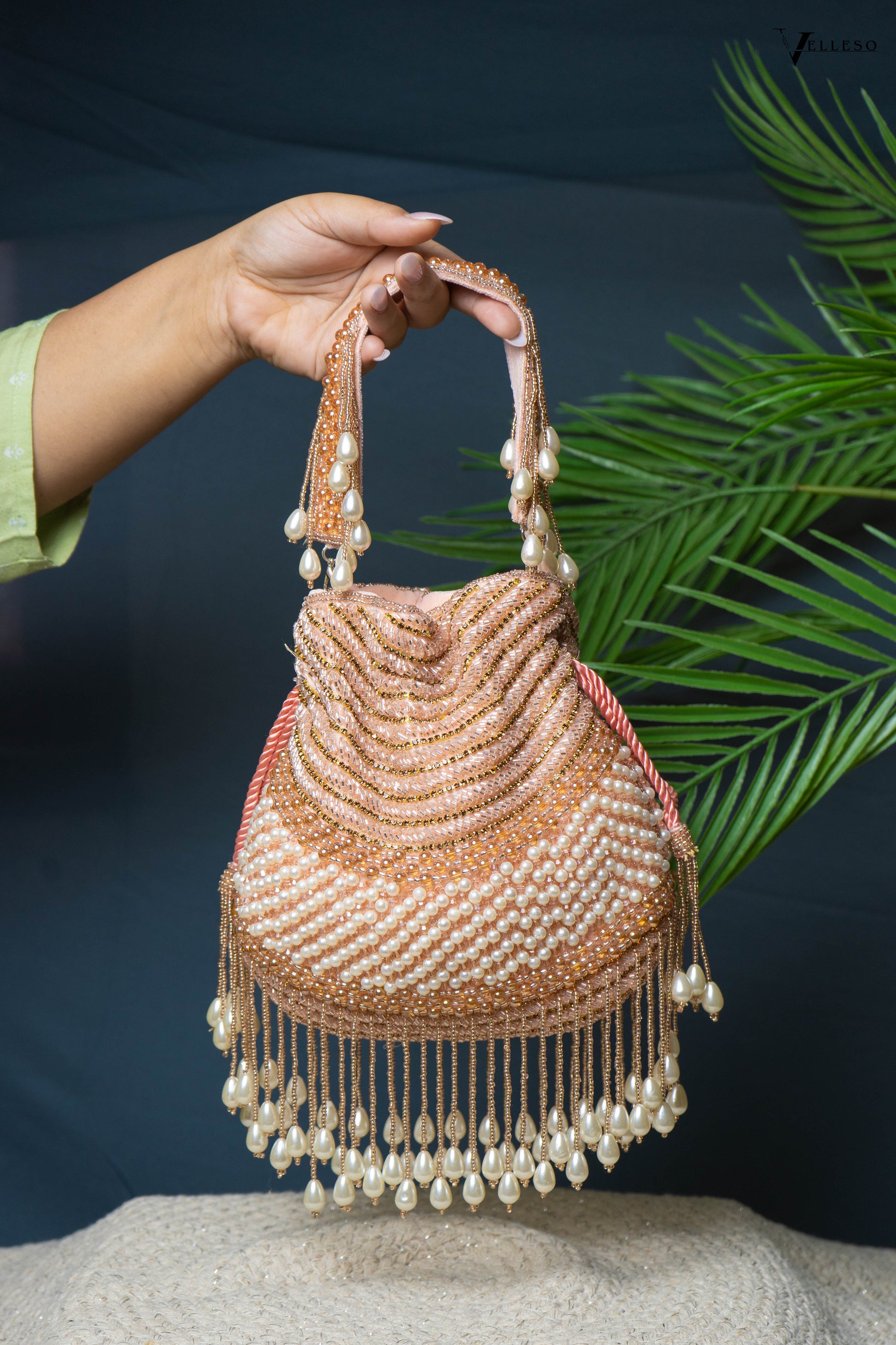 Seraphina Gleam Potli – Golden Pearl Drop Embellished Bag