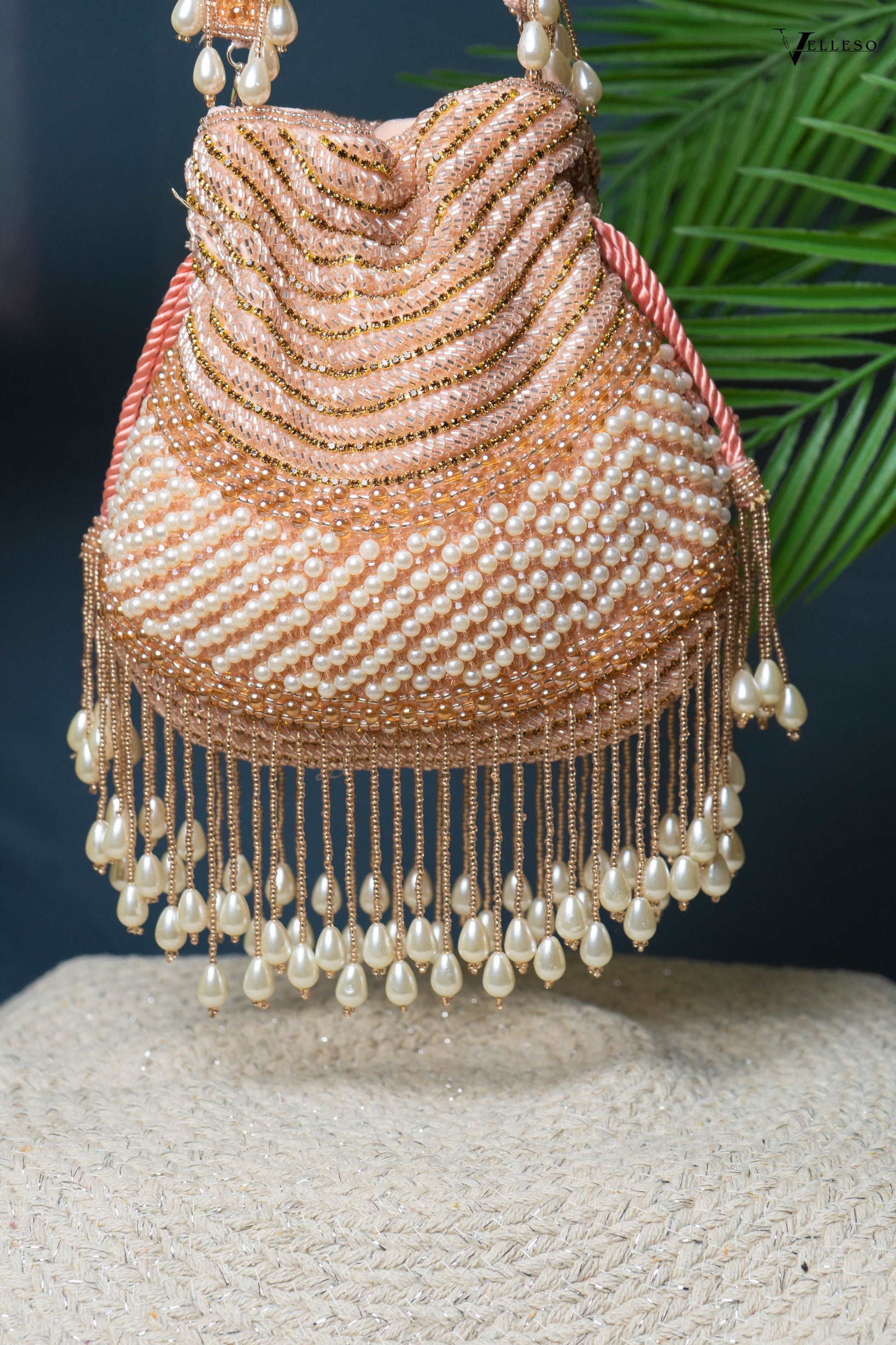 Seraphina Gleam Potli – Peach Pearl Drop Embellished Bag