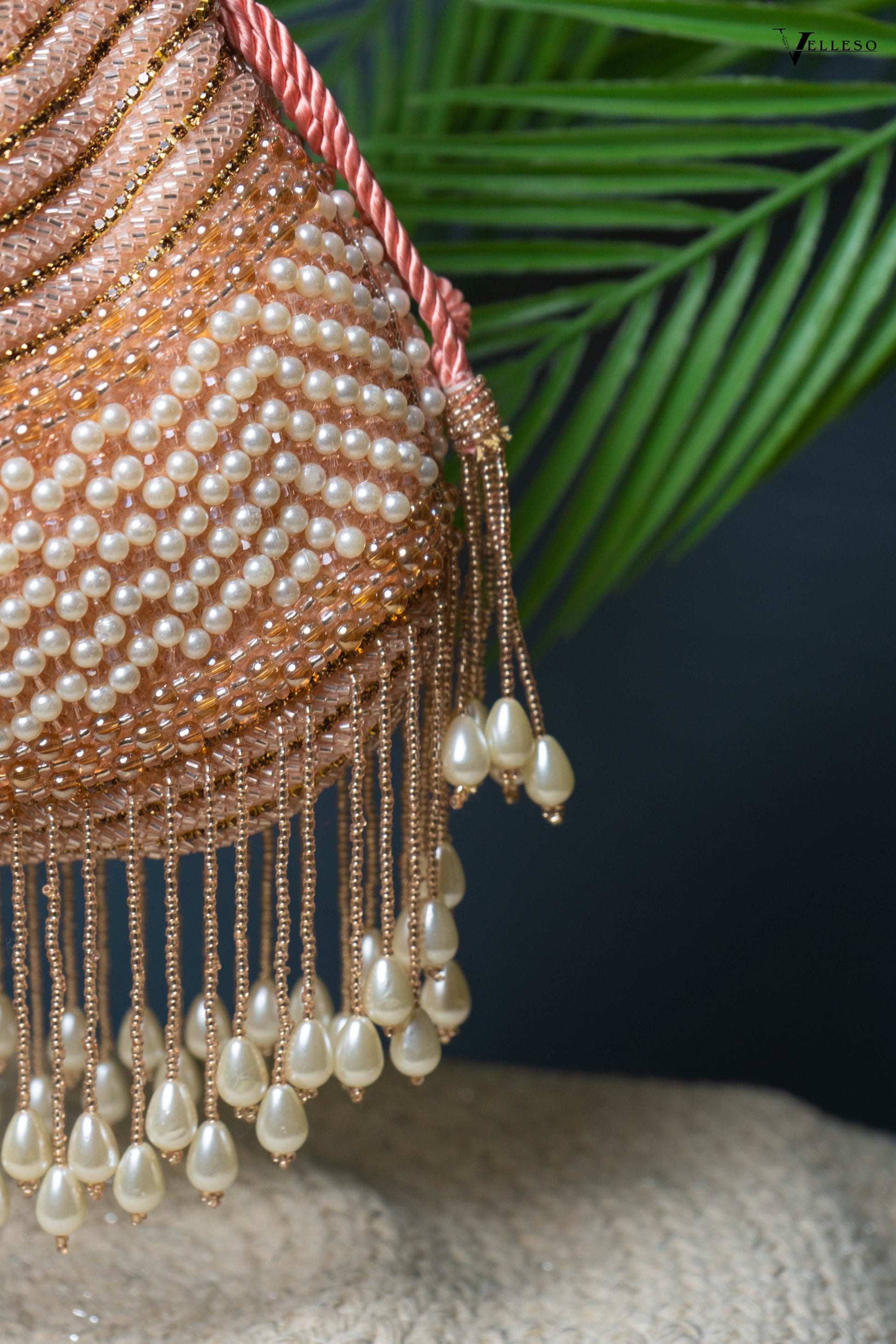 Seraphina Gleam Potli – Peach Pearl Drop Embellished Bag
