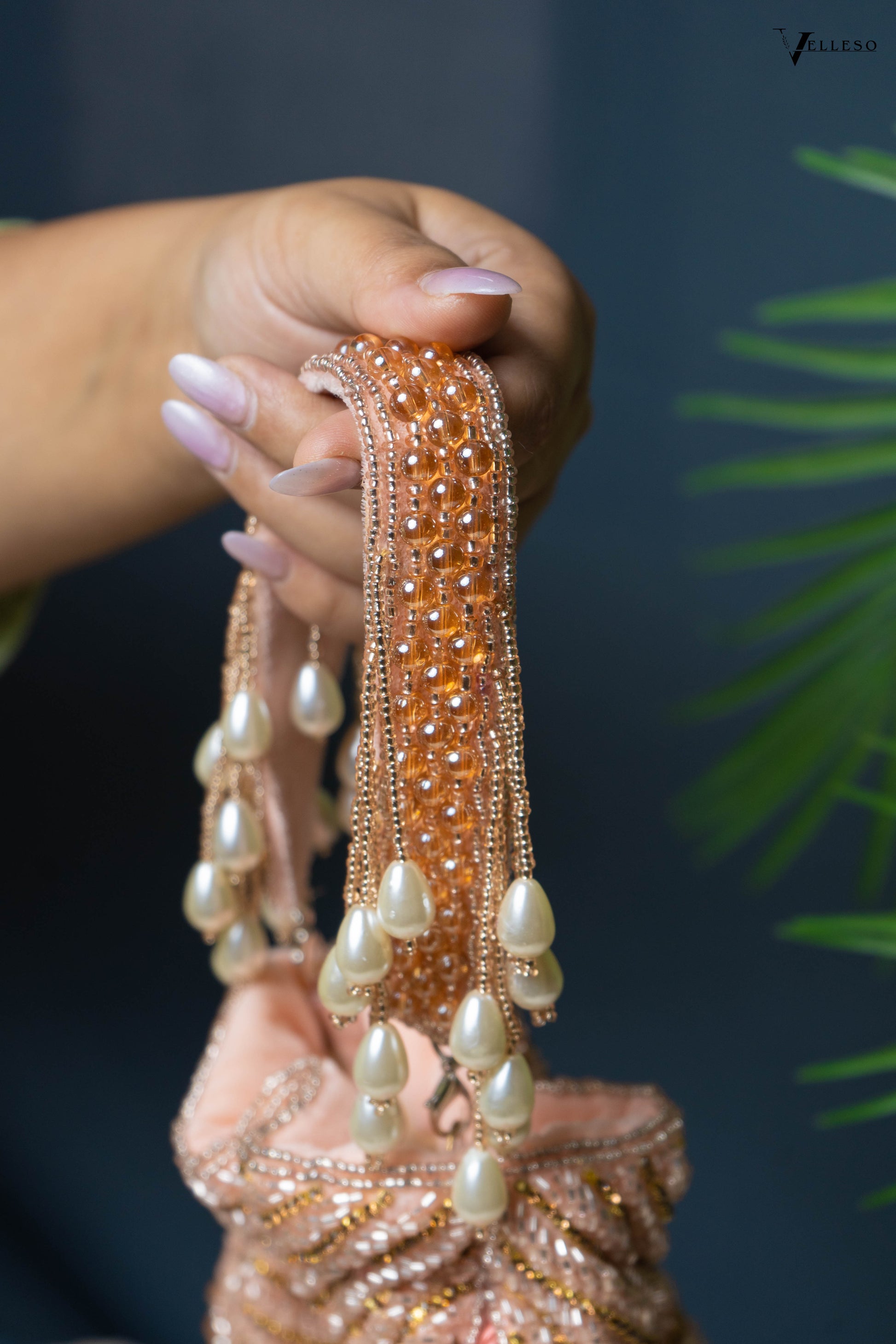 Seraphina Gleam Potli – Peach Pearl Drop Embellished Bag