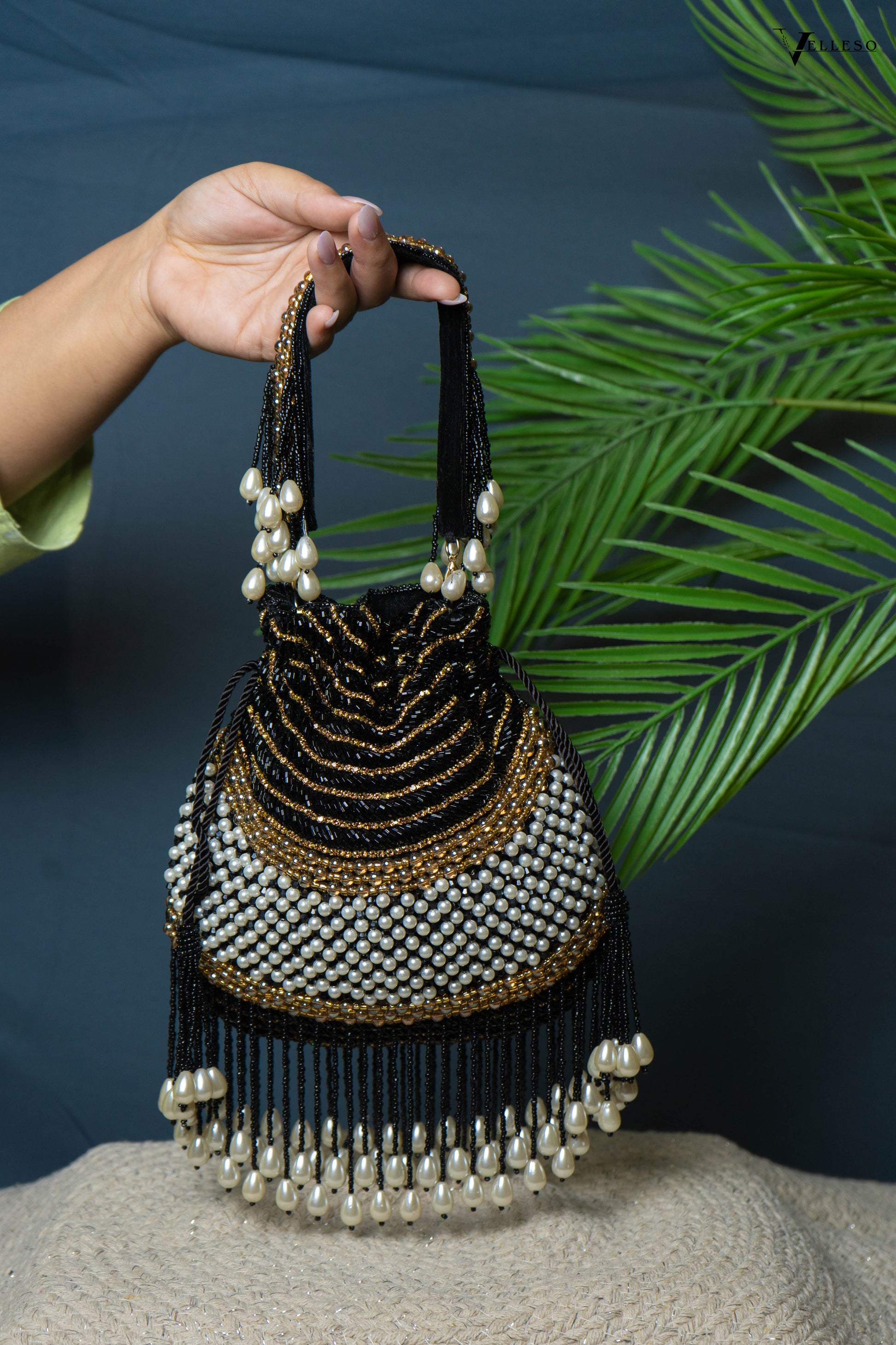 Seraphina Gleam Potli – Black Pearl Drop Embellished Bag