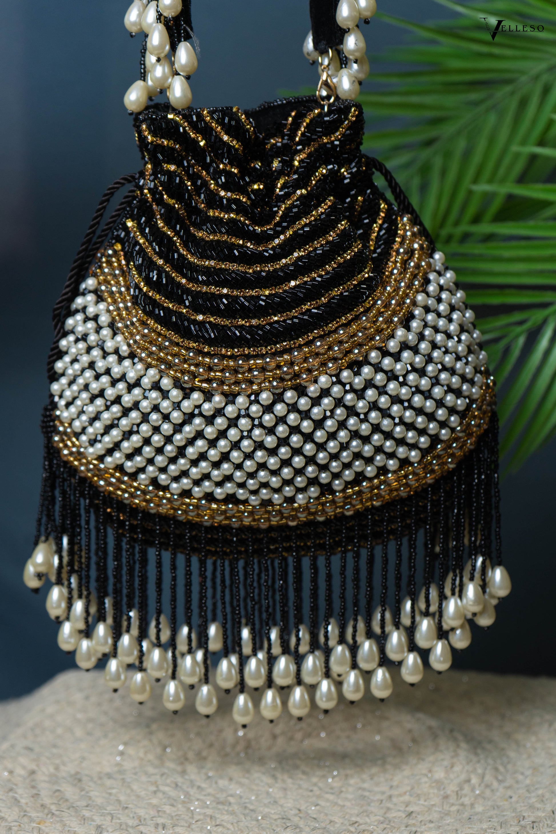 Seraphina Gleam Potli – Black Pearl Drop Embellished Bag