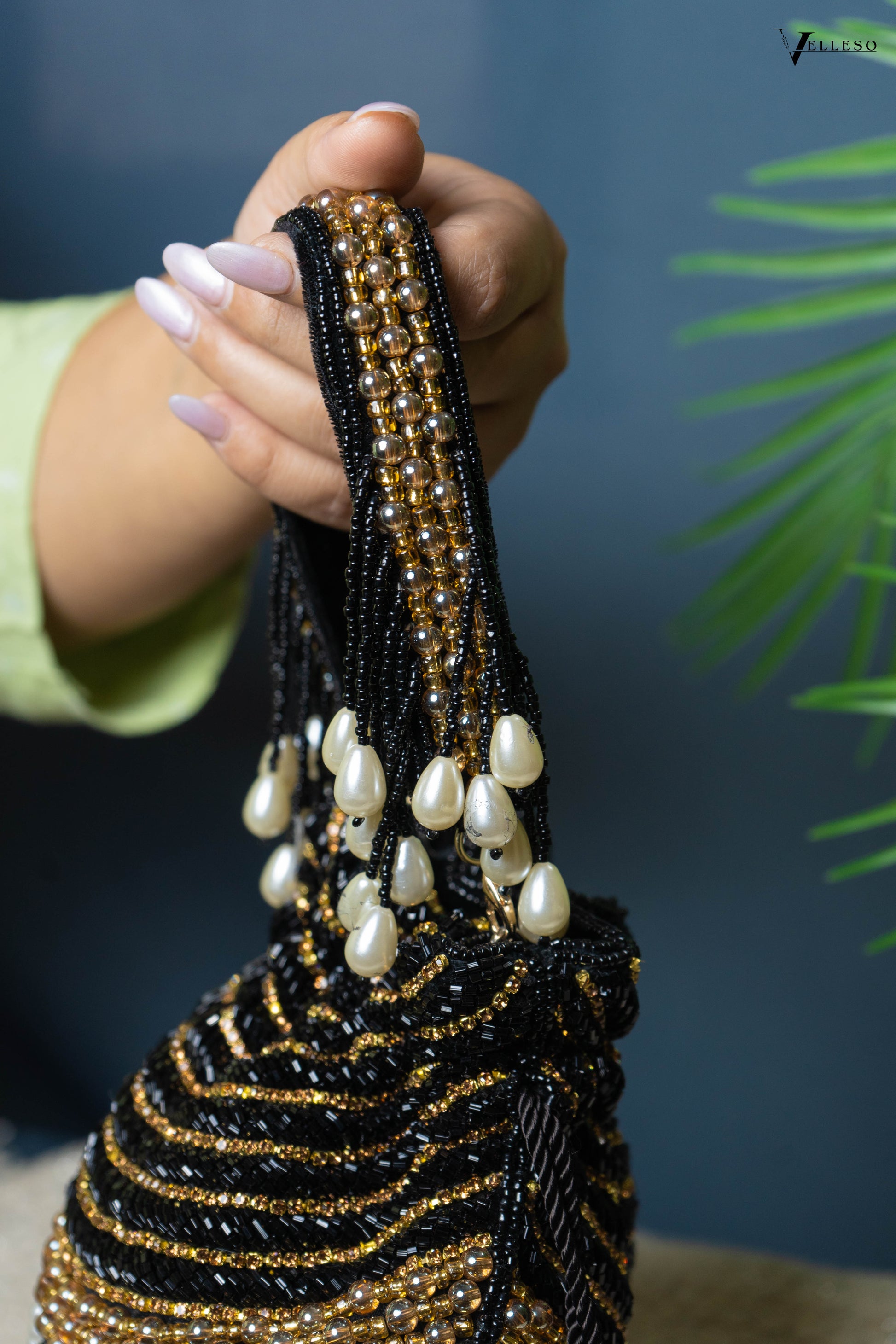 Seraphina Gleam Potli – Black Pearl Drop Embellished Bag