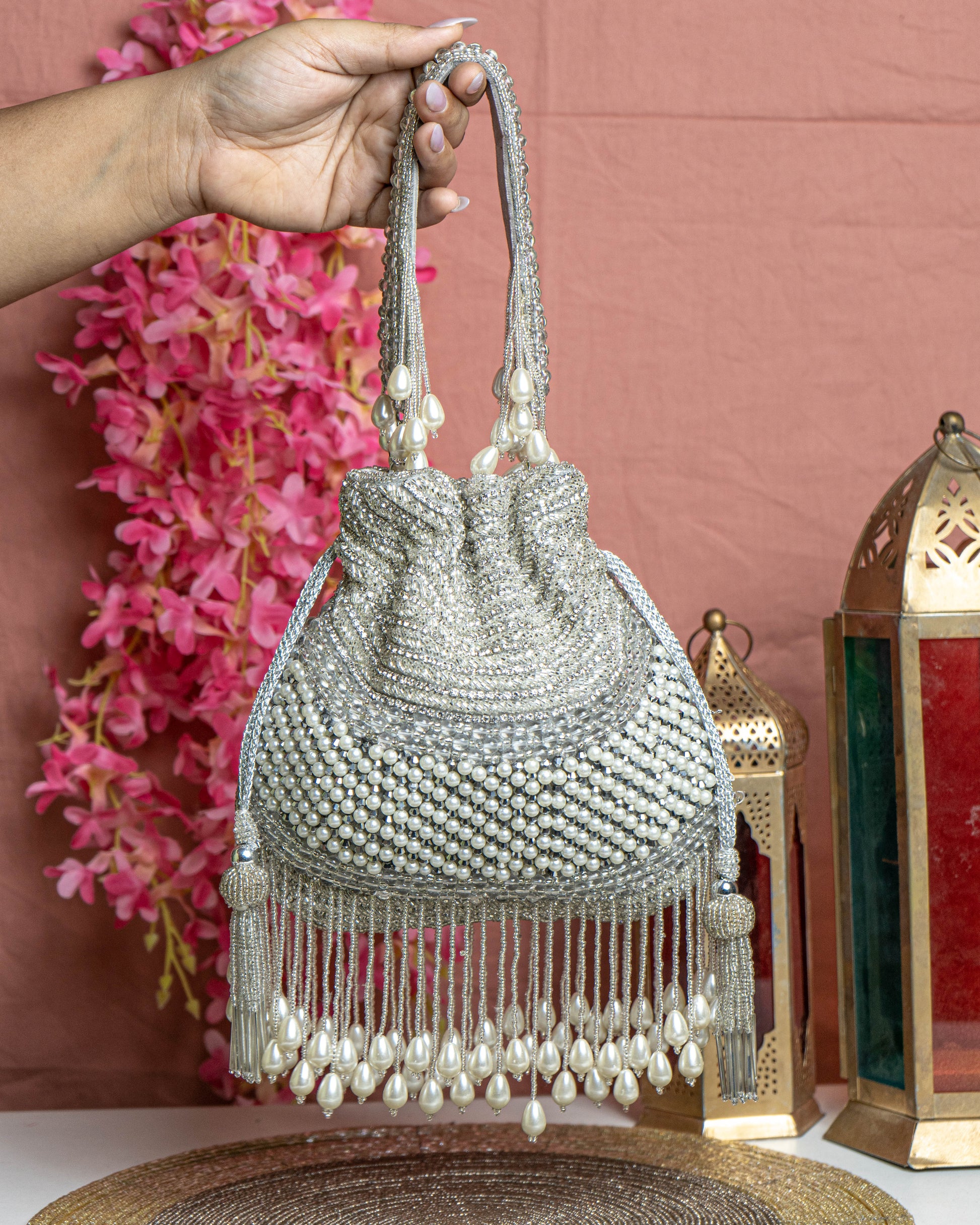 Seraphina Gleam Potli – Golden Pearl Drop Embellished Bag