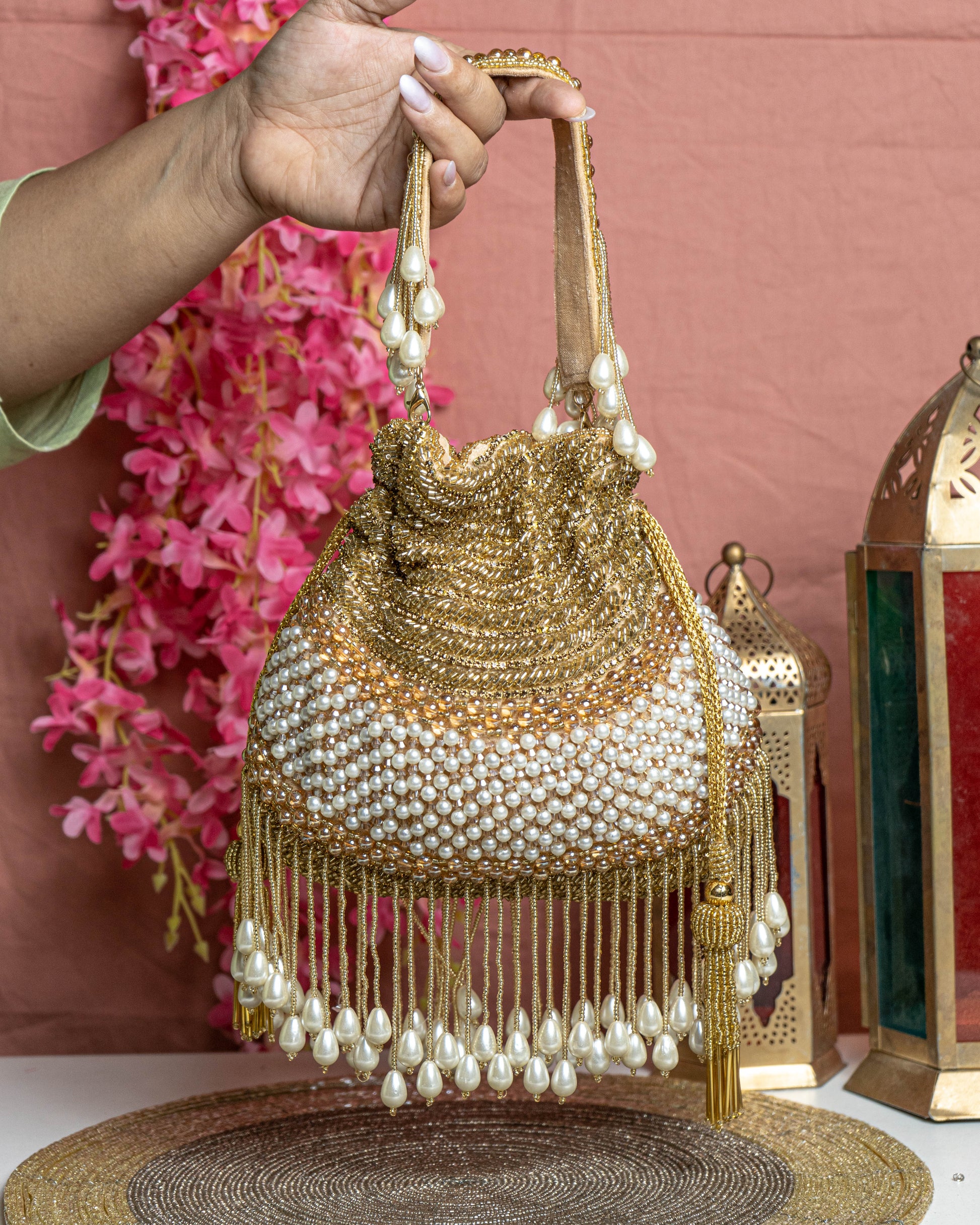 Seraphina Gleam Potli – Golden Pearl Drop Embellished Bag