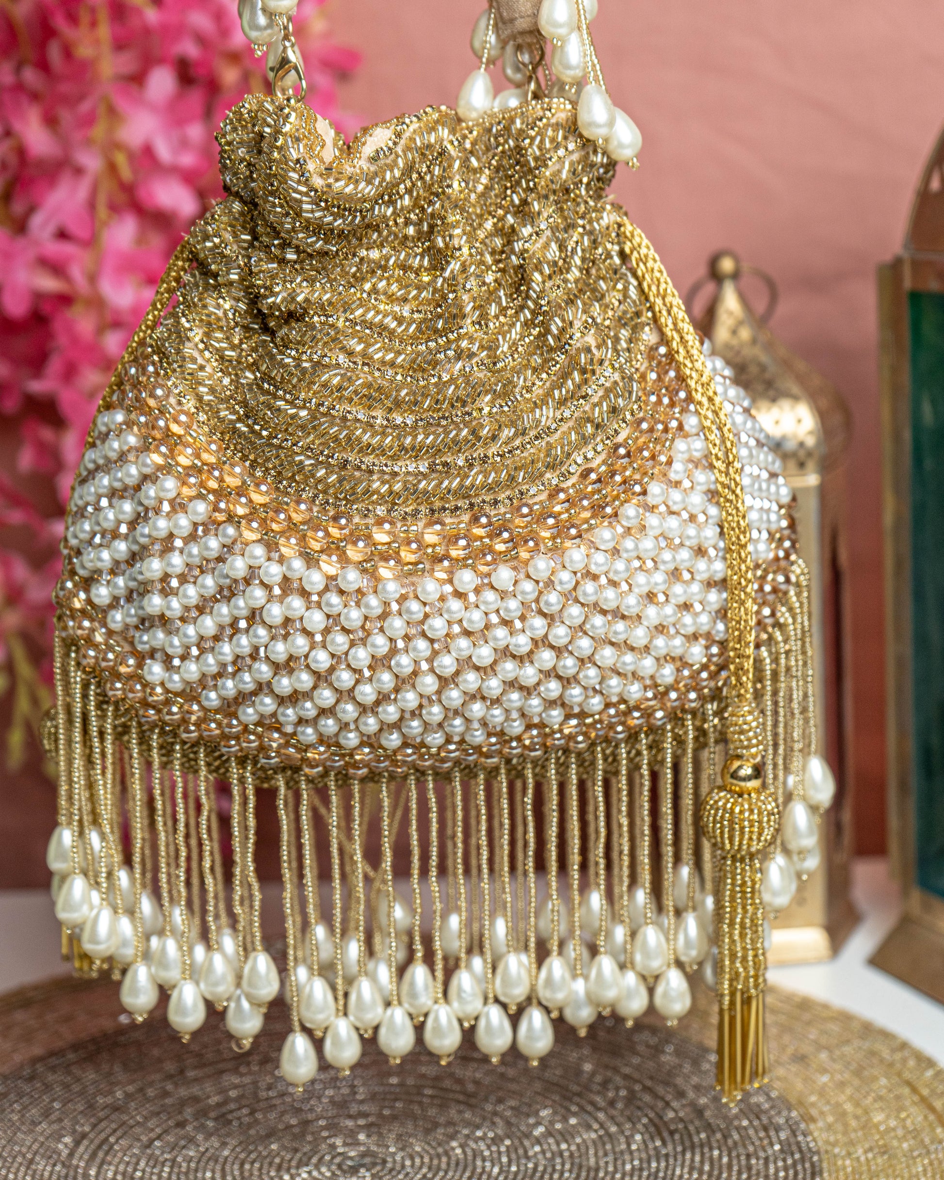 Seraphina Gleam Potli – Golden Pearl Drop Embellished Bag