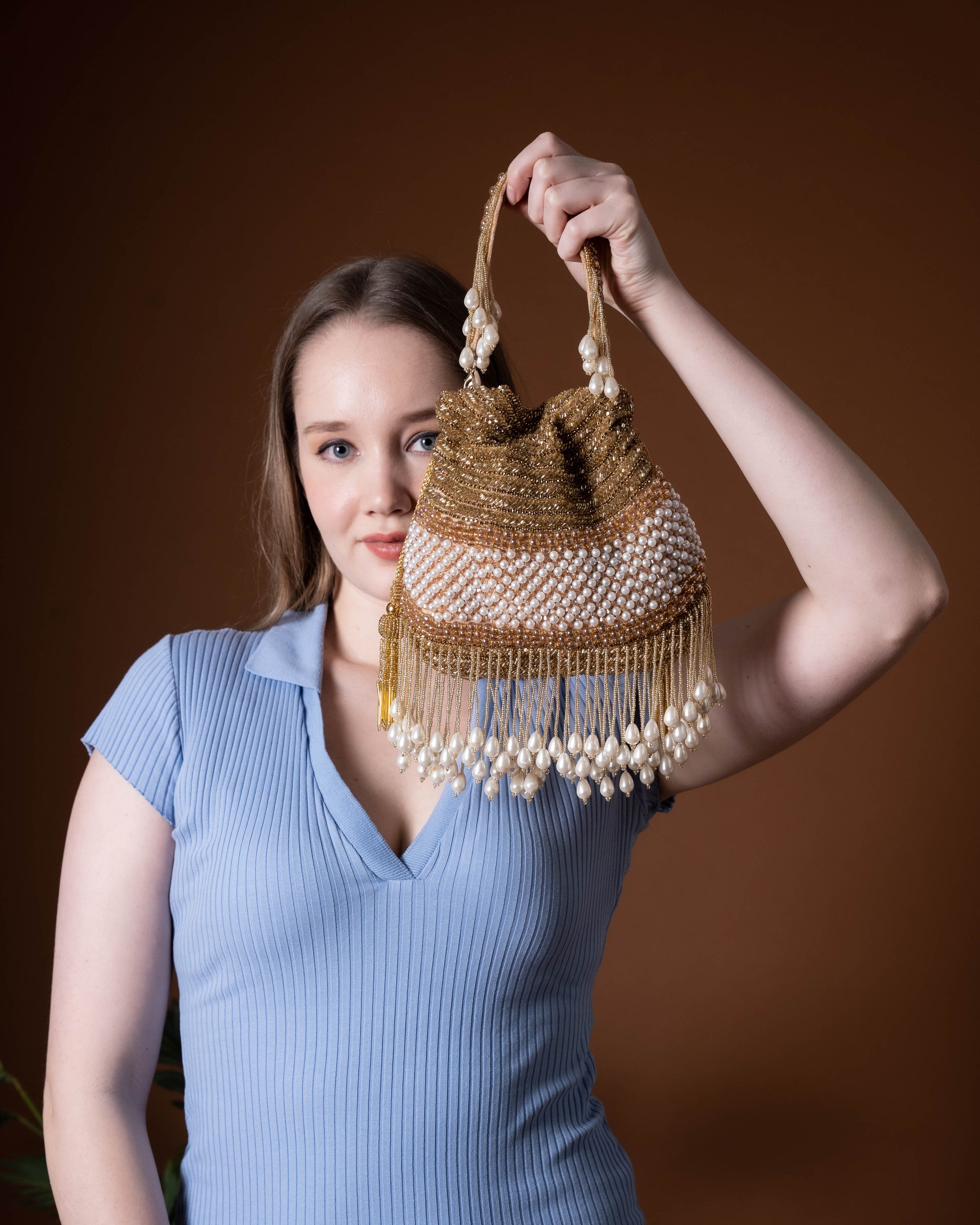 Seraphina Gleam Potli – Golden Pearl Drop Embellished Bag