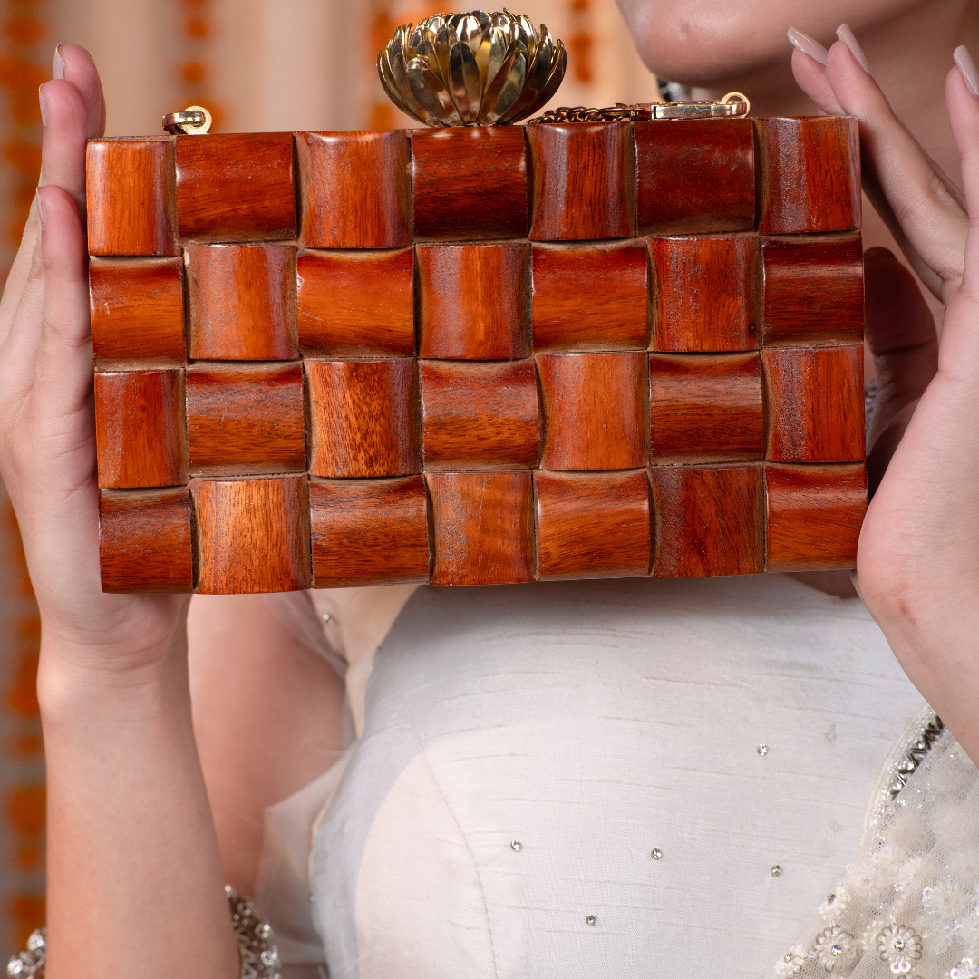 Myra Wooden Clutch – Mosaic Box Bag with Gold Lotus Clasp