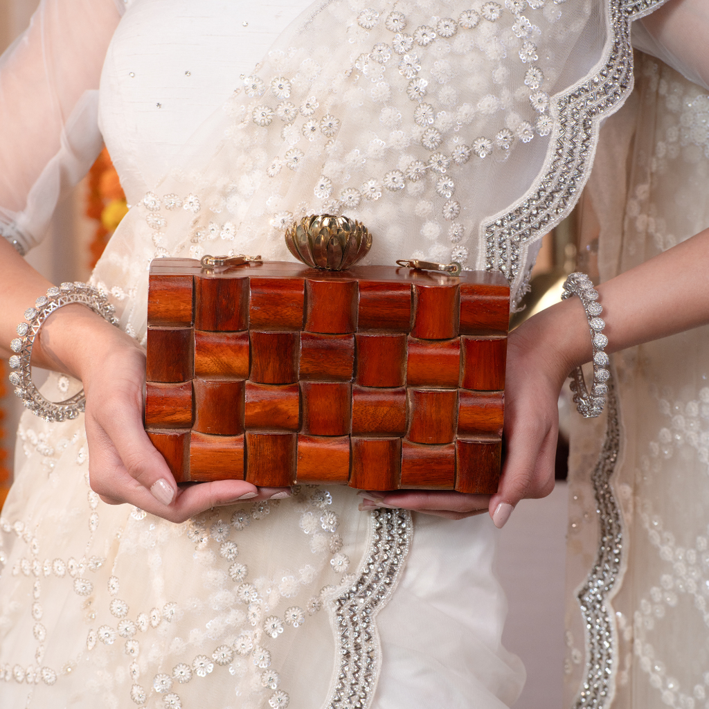 Myra Wooden Clutch – Mosaic Box Bag with Gold Lotus Clasp