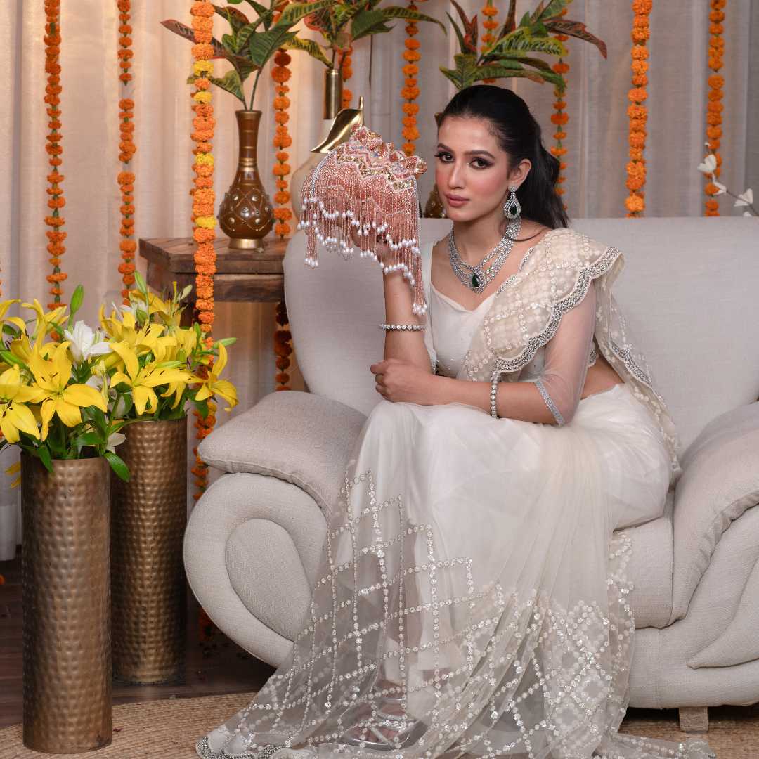 Zeenat Beaded Potli Bag – Peach Hand-Embroidered Purse with Pearl Tassels
