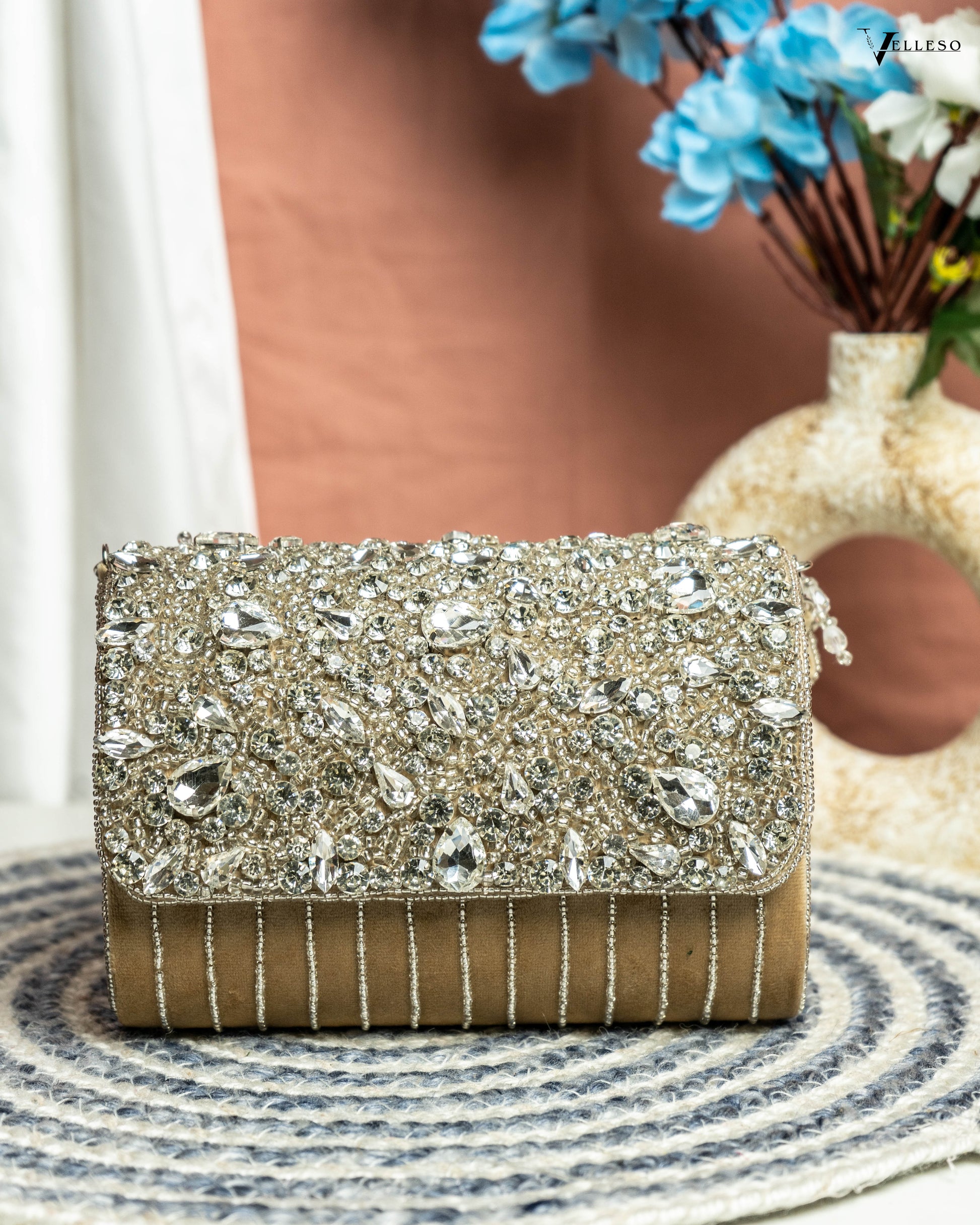 Velleso Beige Avara Crystal Embellished Flap Over Bag