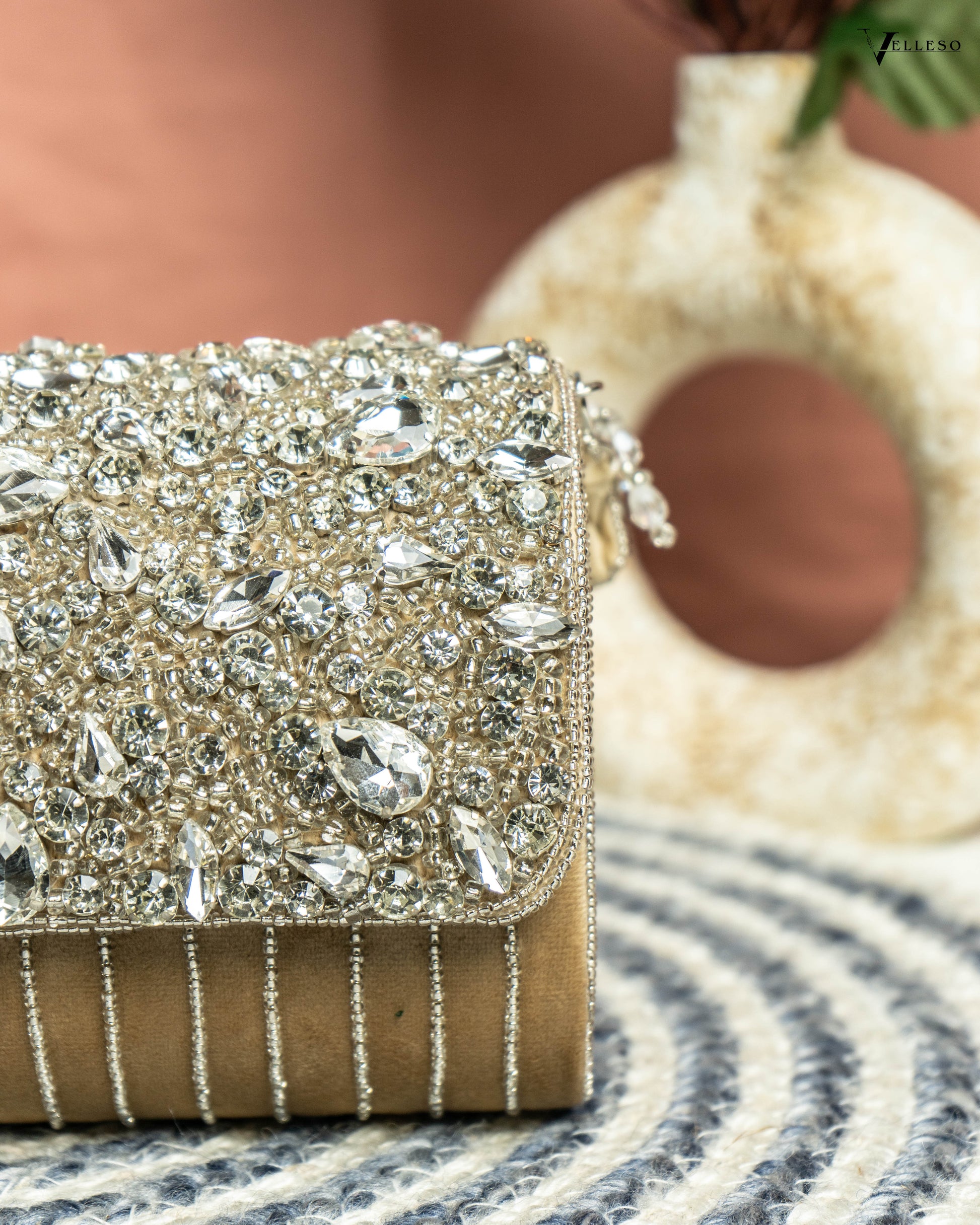 Velleso Beige Avara Crystal Embellished Flap Over Bag