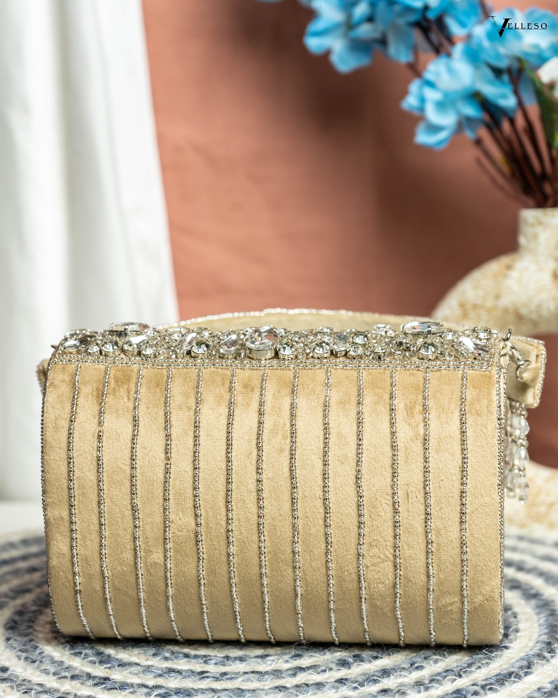 Velleso Beige Avara Crystal Embellished Flap Over Bag
