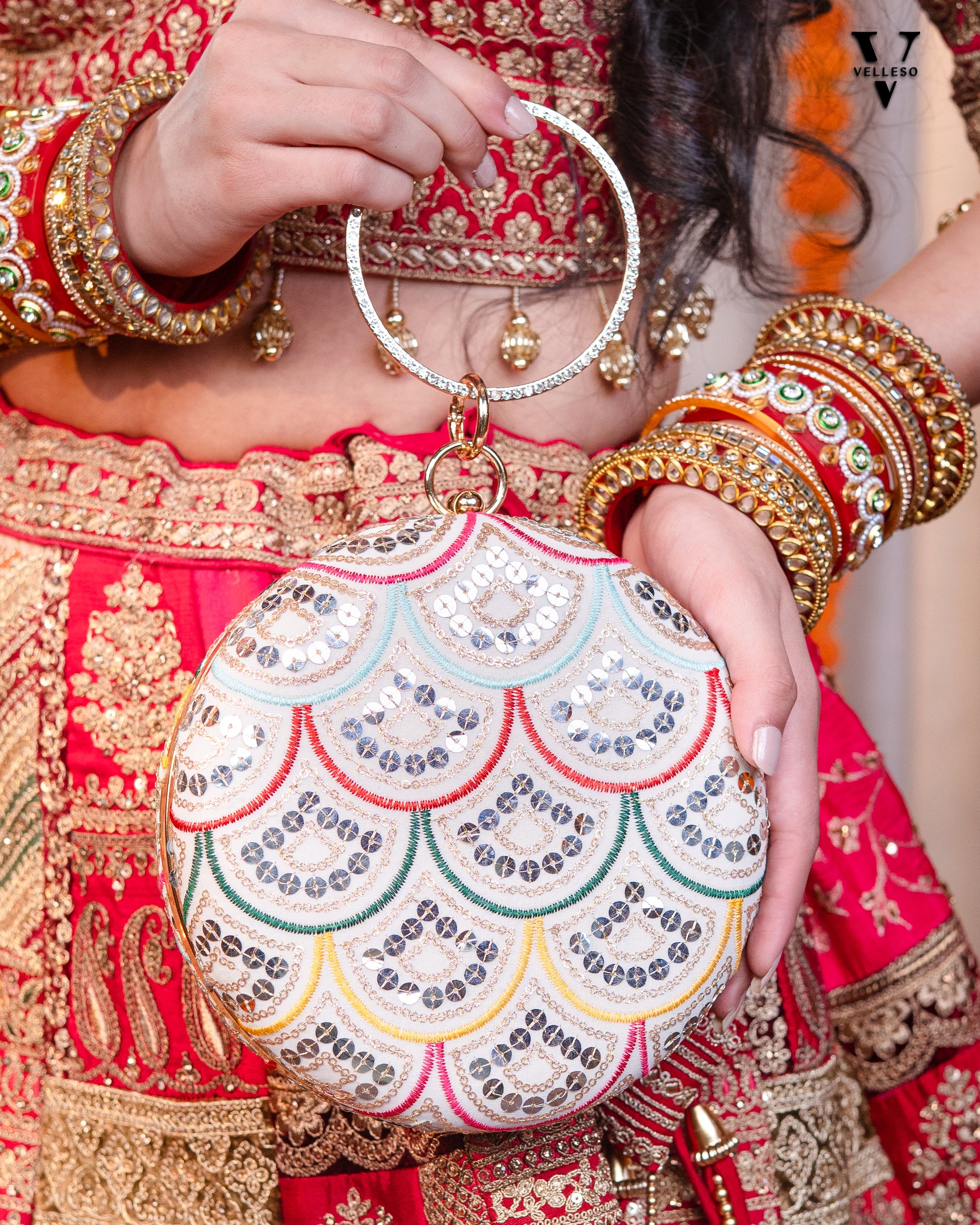 Noorani Round Embroidered Mirror Clutch with Bangle Handle