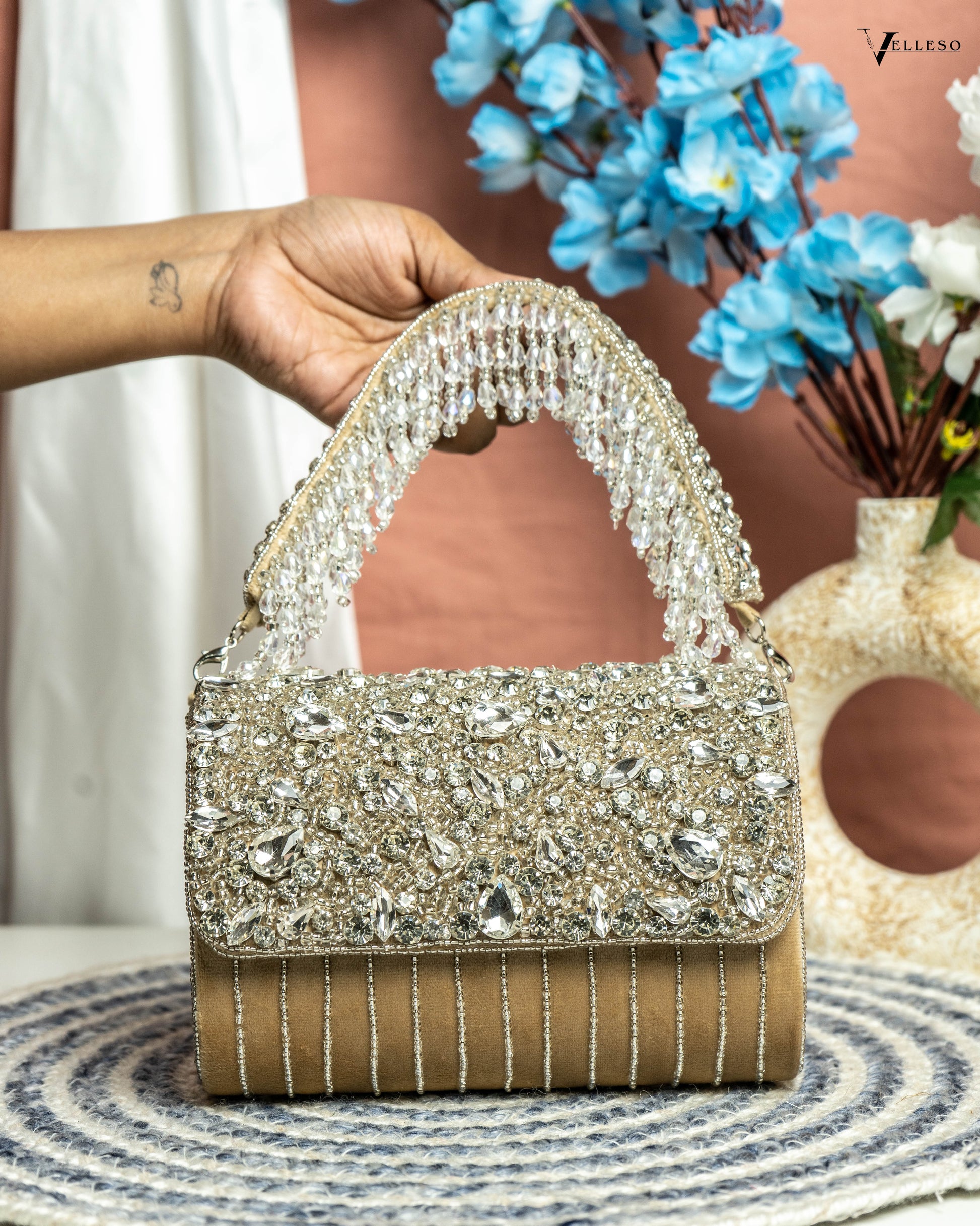 Velleso Beige Avara Crystal Embellished Flap Over Bag