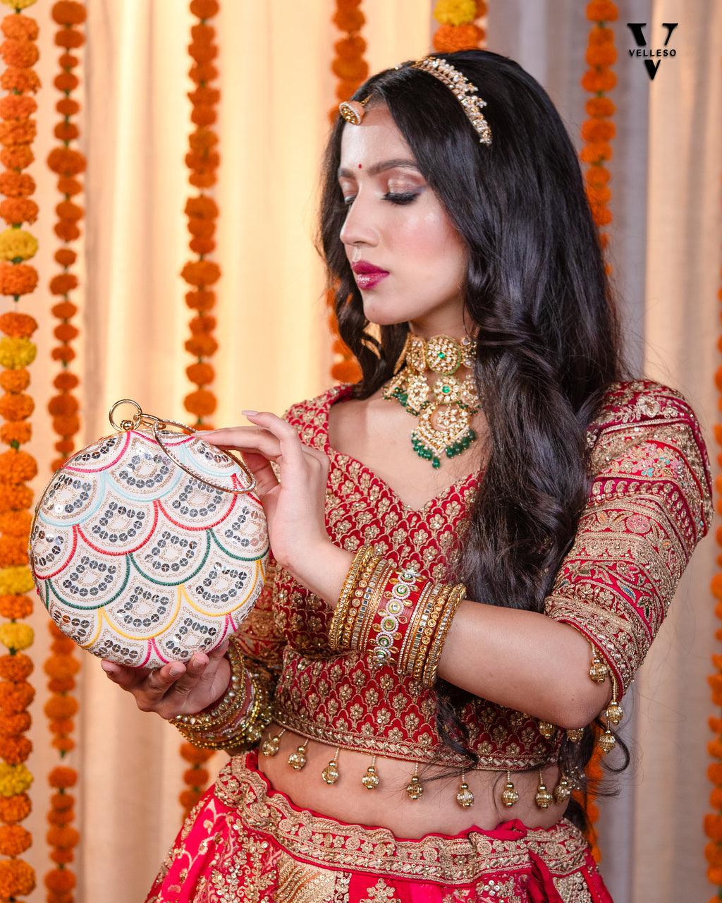 Noorani Round Embroidered Mirror Clutch with Bangle Handle