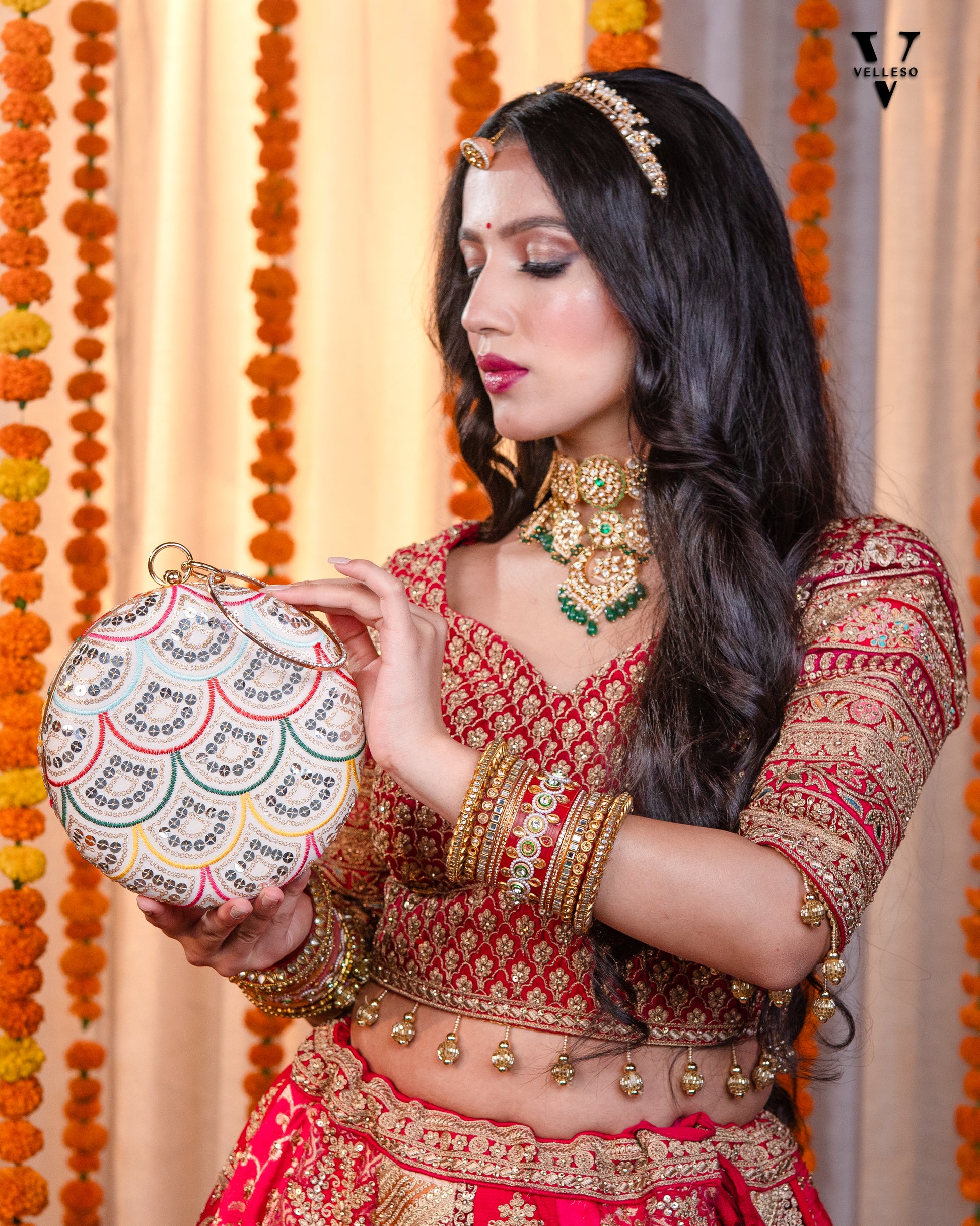 Noorani Round Embroidered Mirror Clutch with Bangle Handle