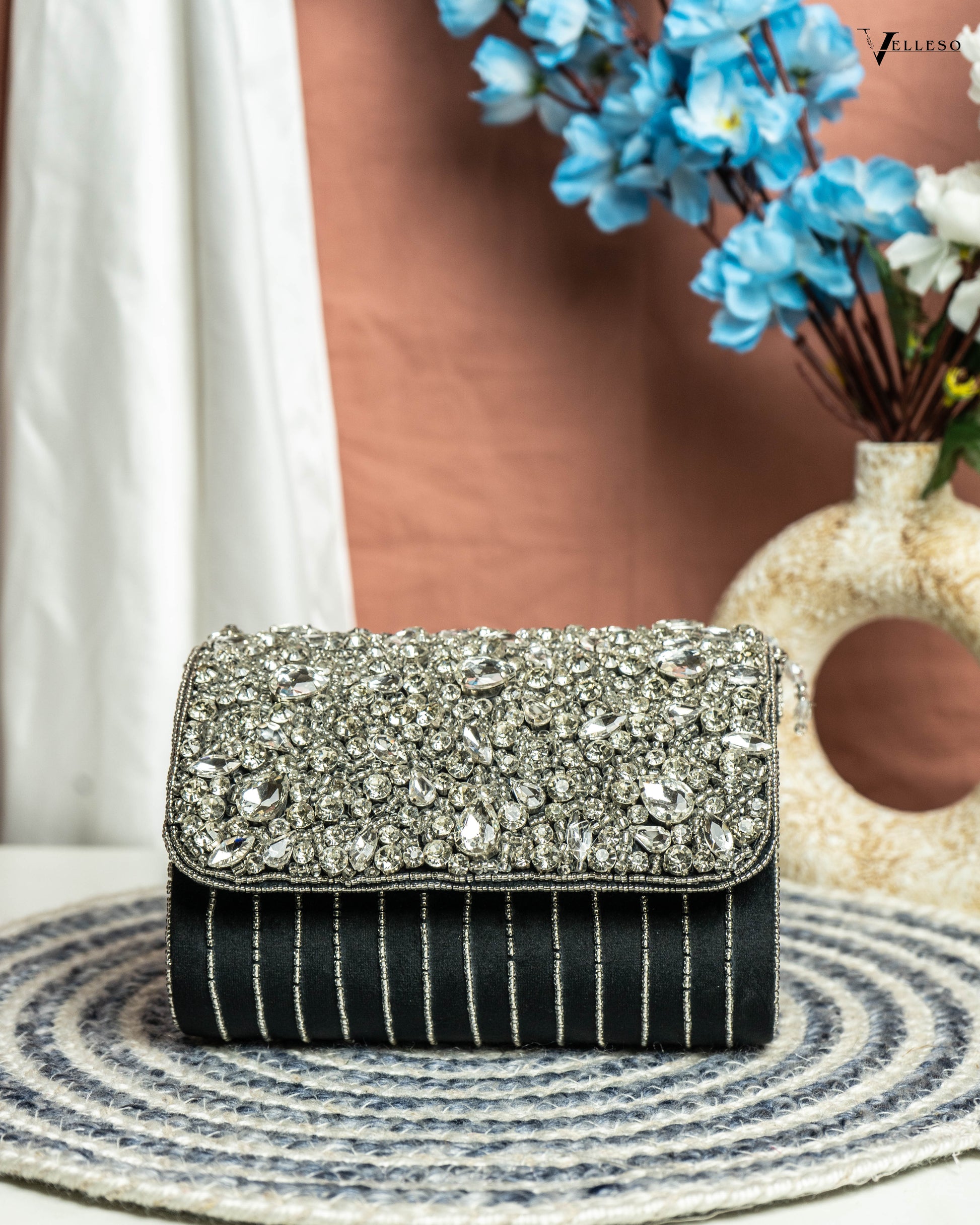 Velleso Black Avara Crystal Embellished Flap Over Bag