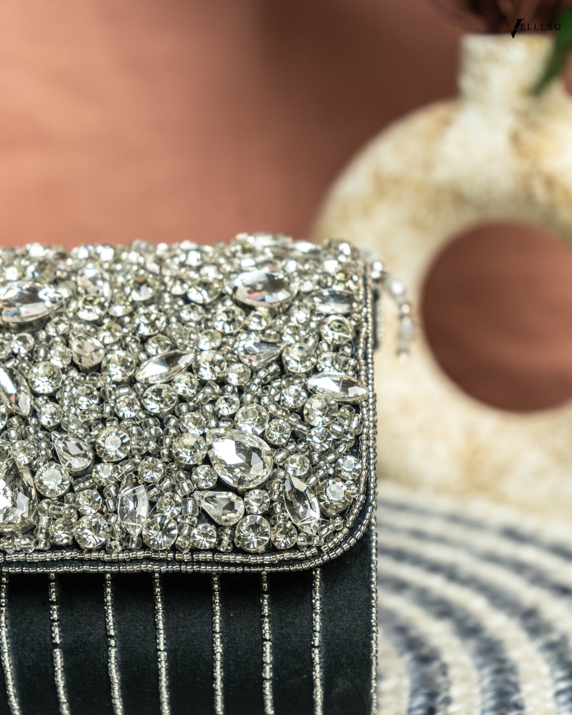 Velleso Black Avara Crystal Embellished Flap Over Bag