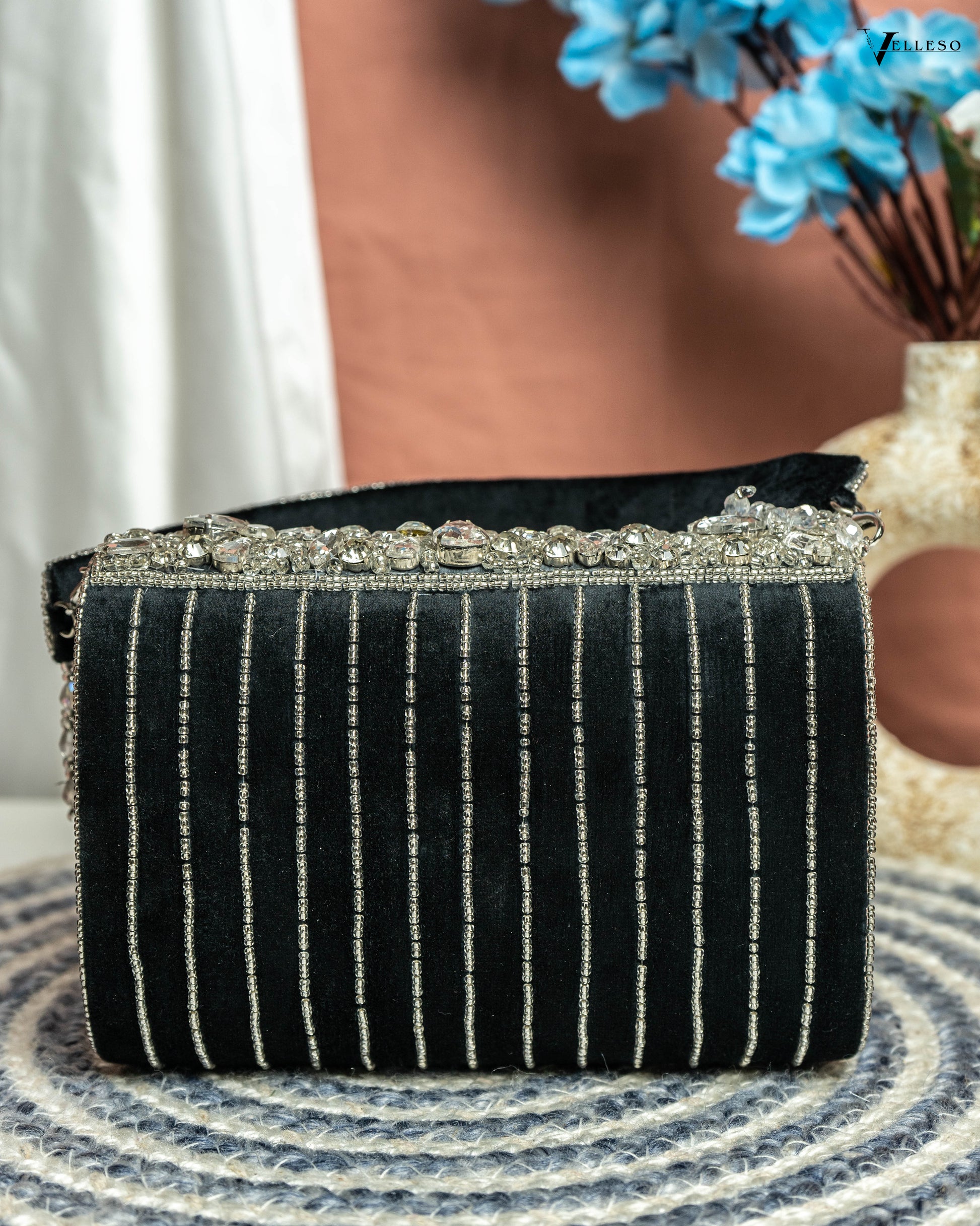 Velleso Black Avara Crystal Embellished Flap Over Bag