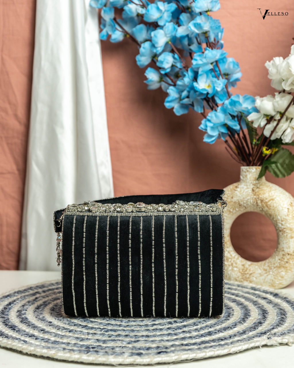 Velleso Black Avara Crystal Embellished Flap Over Bag