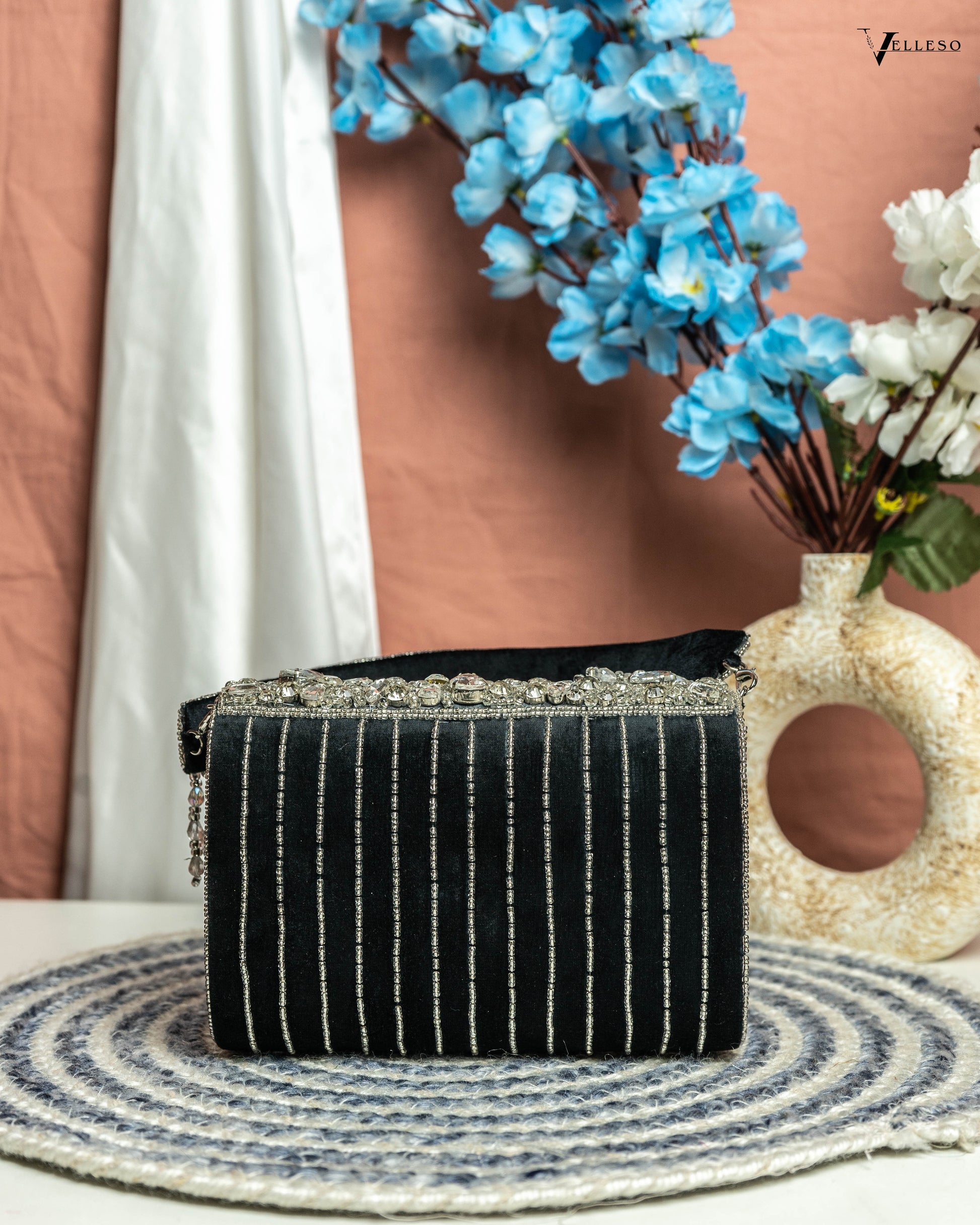 Velleso Black Avara Crystal Embellished Flap Over Bag