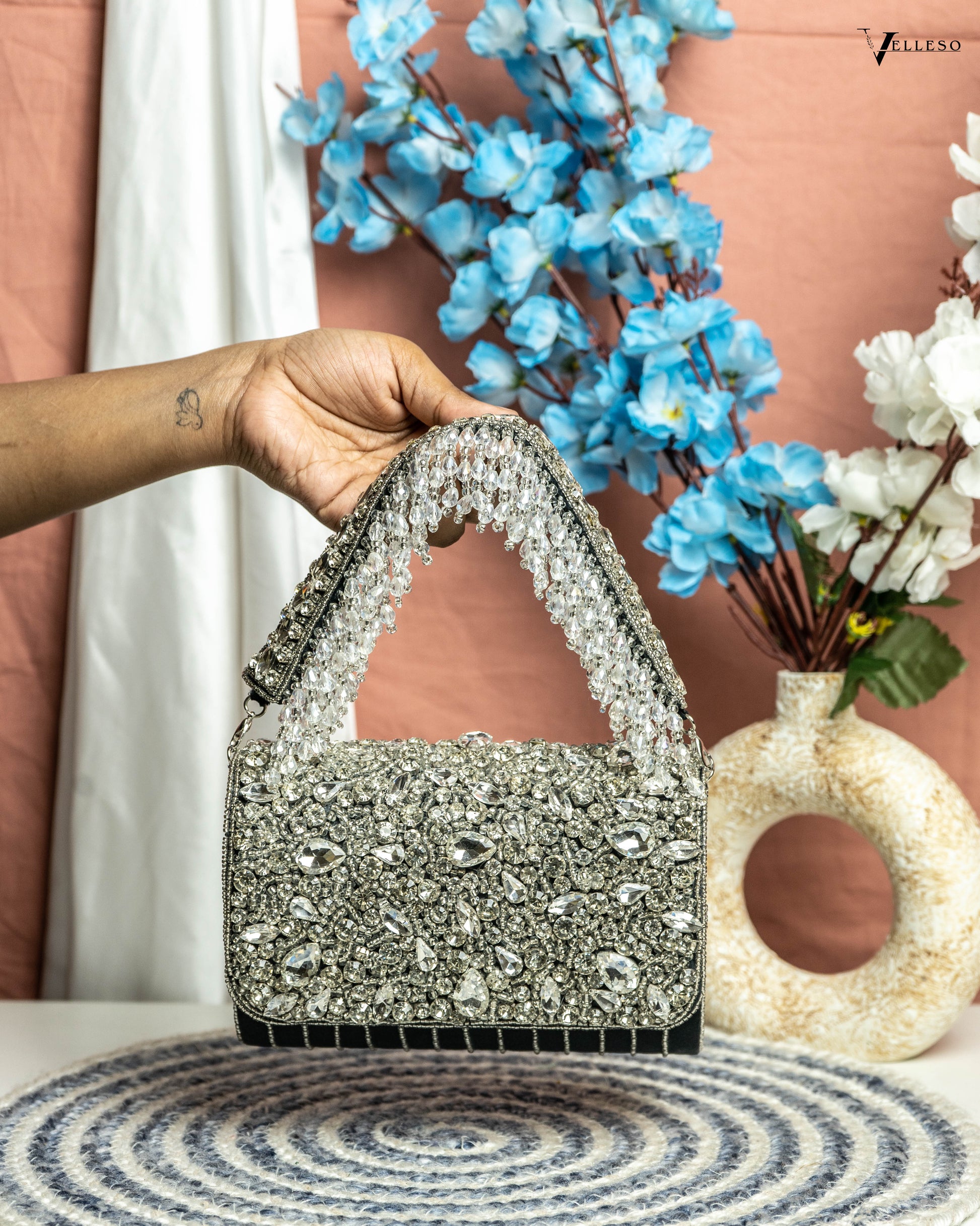 Velleso Black Avara Crystal Embellished Flap Over Bag