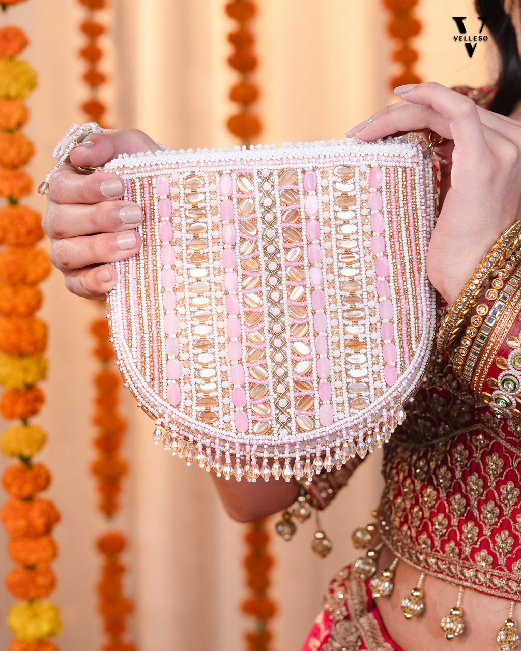 Aurela Pastel Pink & Gold Beaded Crescent Clutch