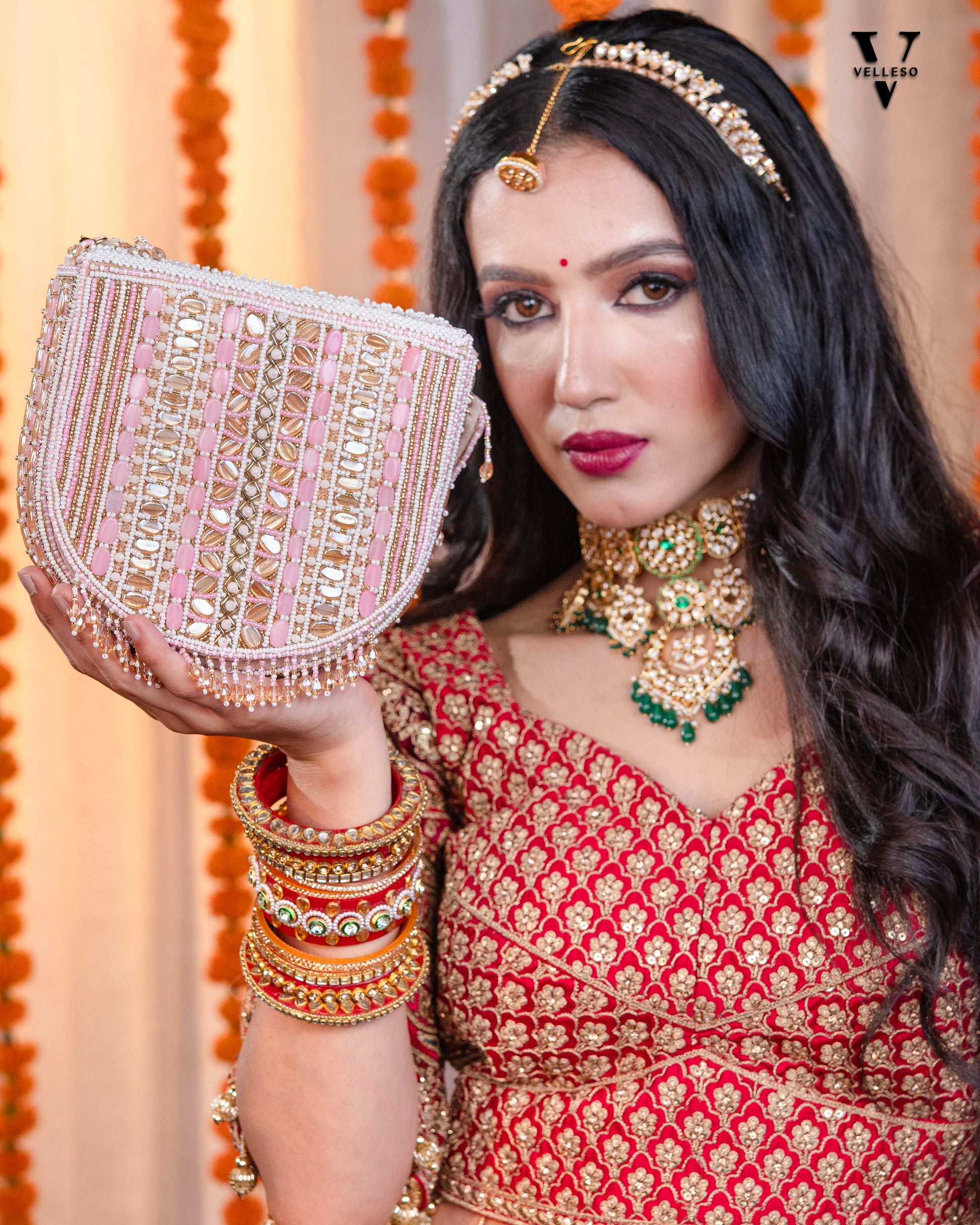 Aurela Pastel Pink & Gold Beaded Crescent Clutch