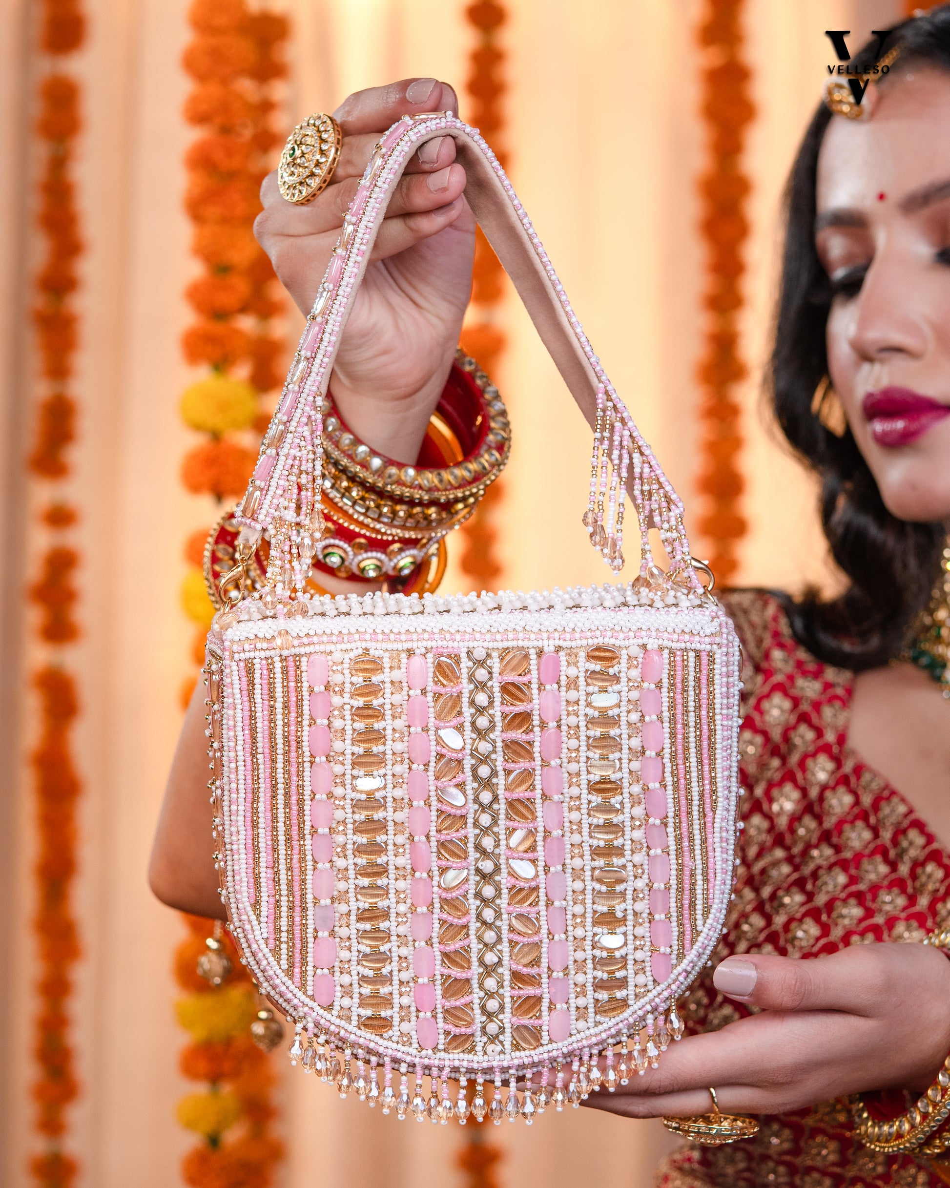 Aurela pink and green Beaded Crescent Clutch