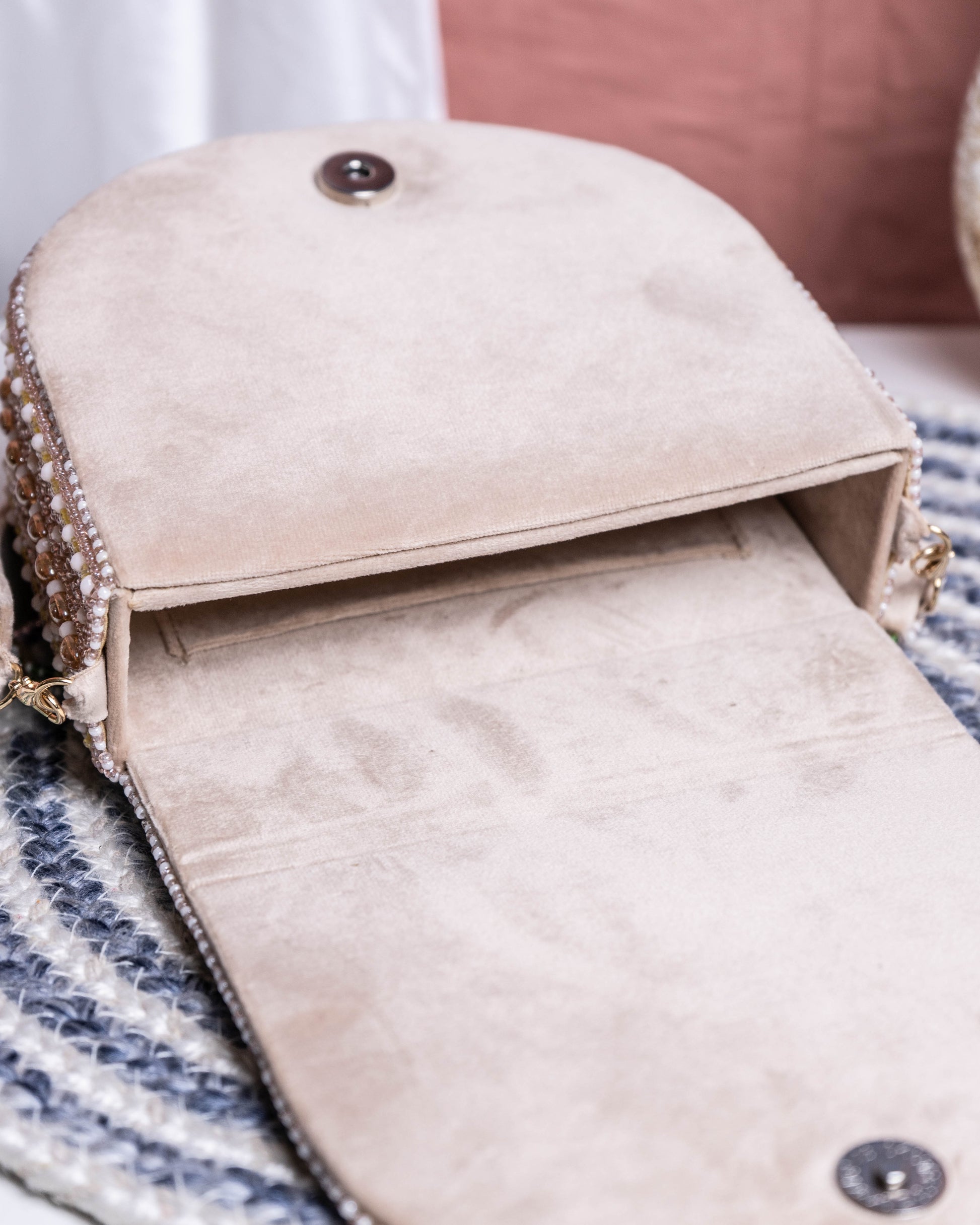 Aurela Pastel Pink & Gold Beaded Crescent Clutch