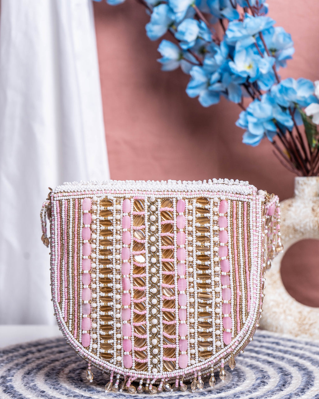 Aurela Pastel Pink & Gold Beaded Crescent Clutch