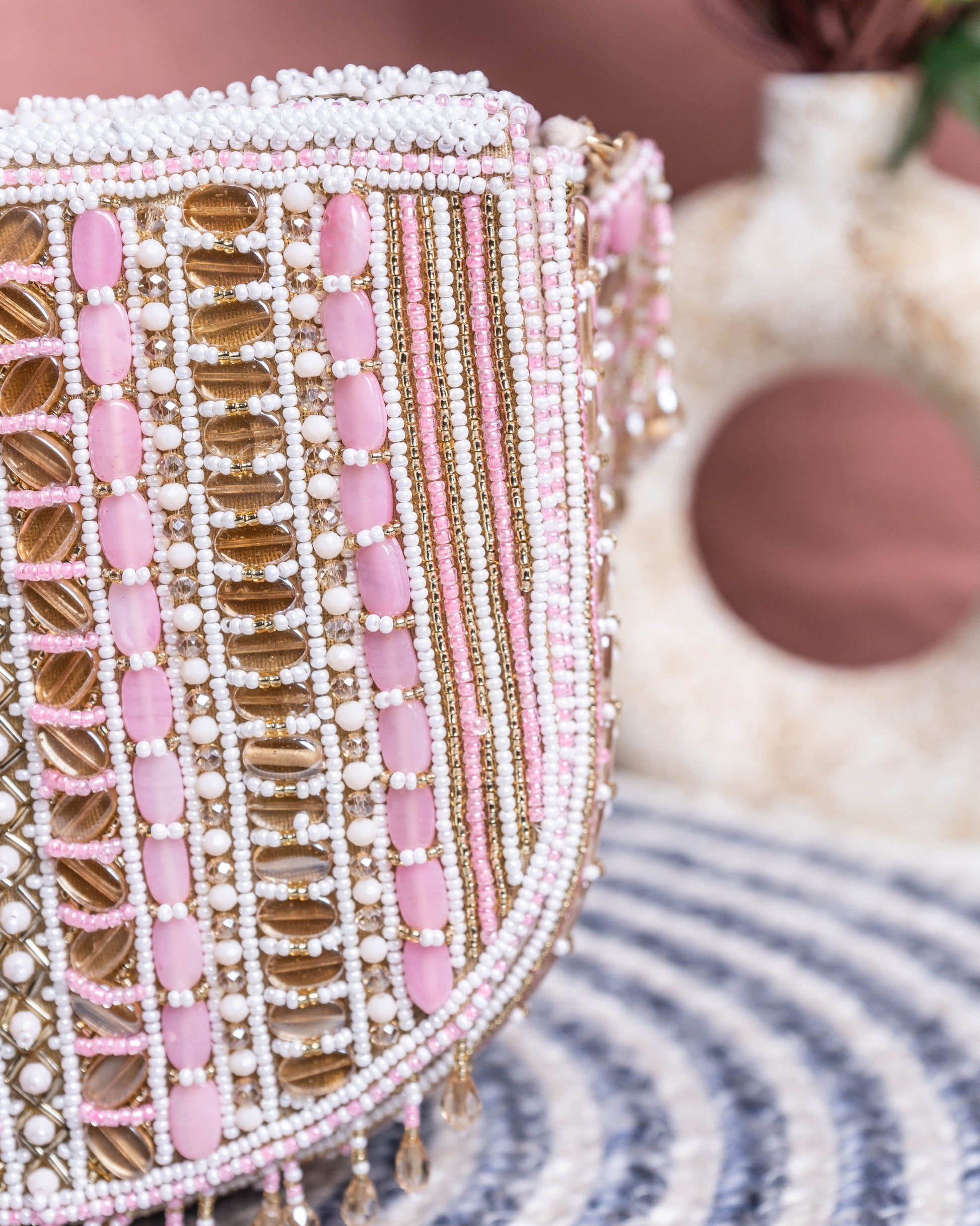 Aurela Pastel Pink & Gold Beaded Crescent Clutch