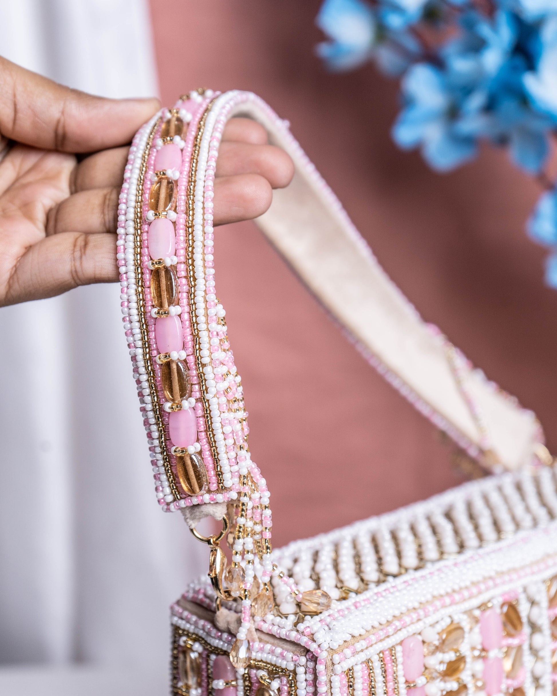 Aurela Pastel Pink & Gold Beaded Crescent Clutch