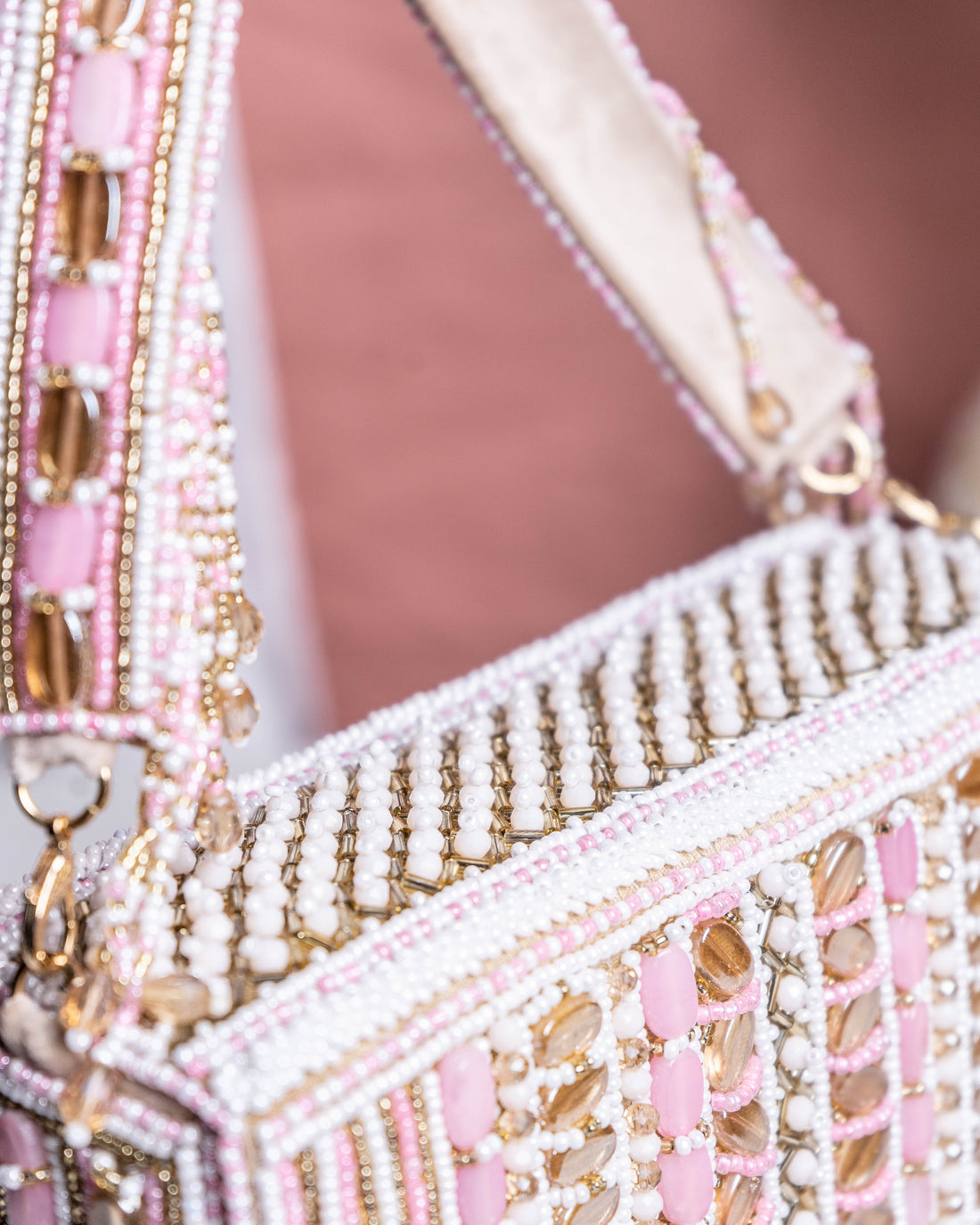 Aurela Pastel Pink & Gold Beaded Crescent Clutch
