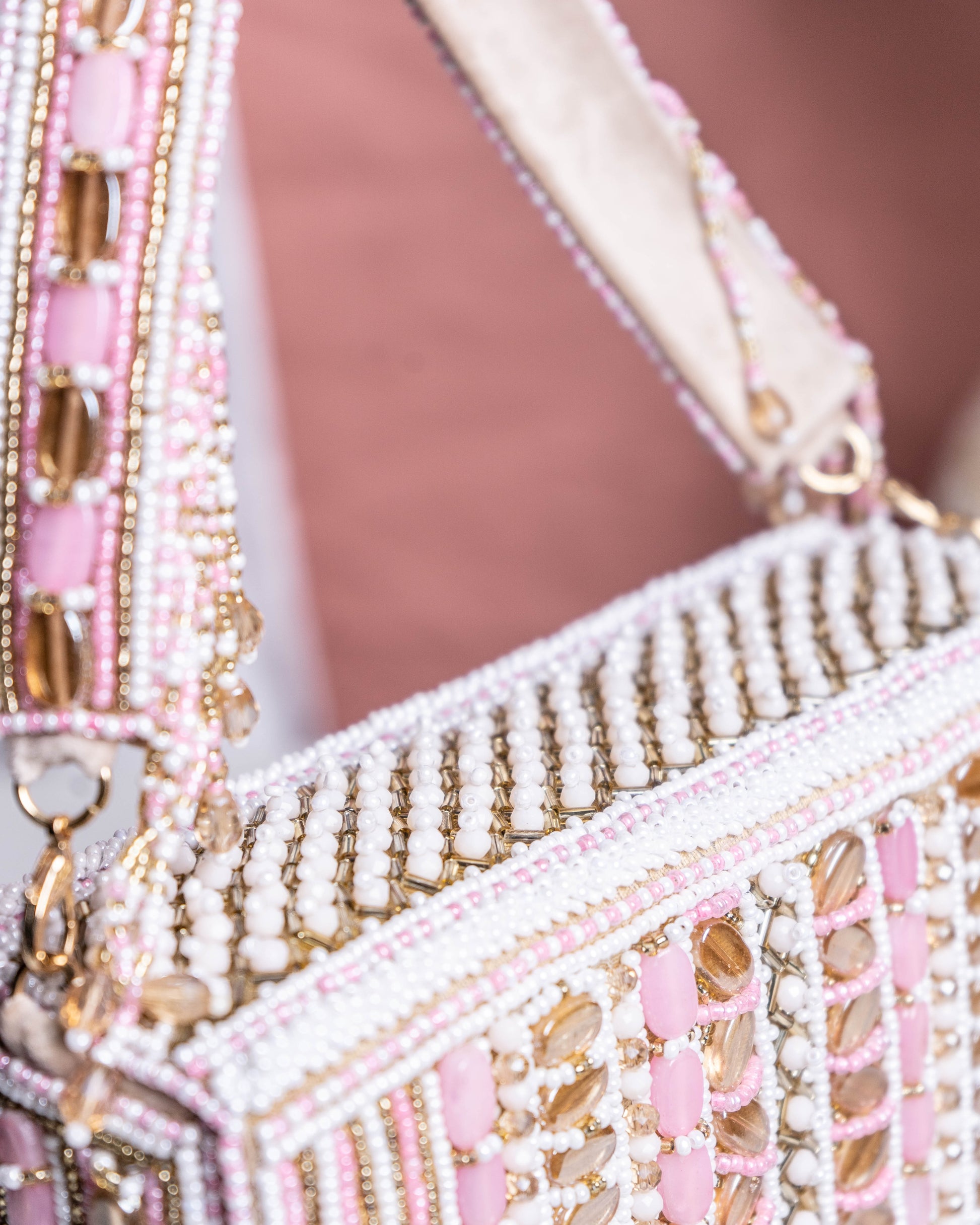 Aurela Pastel Pink & Gold Beaded Crescent Clutch