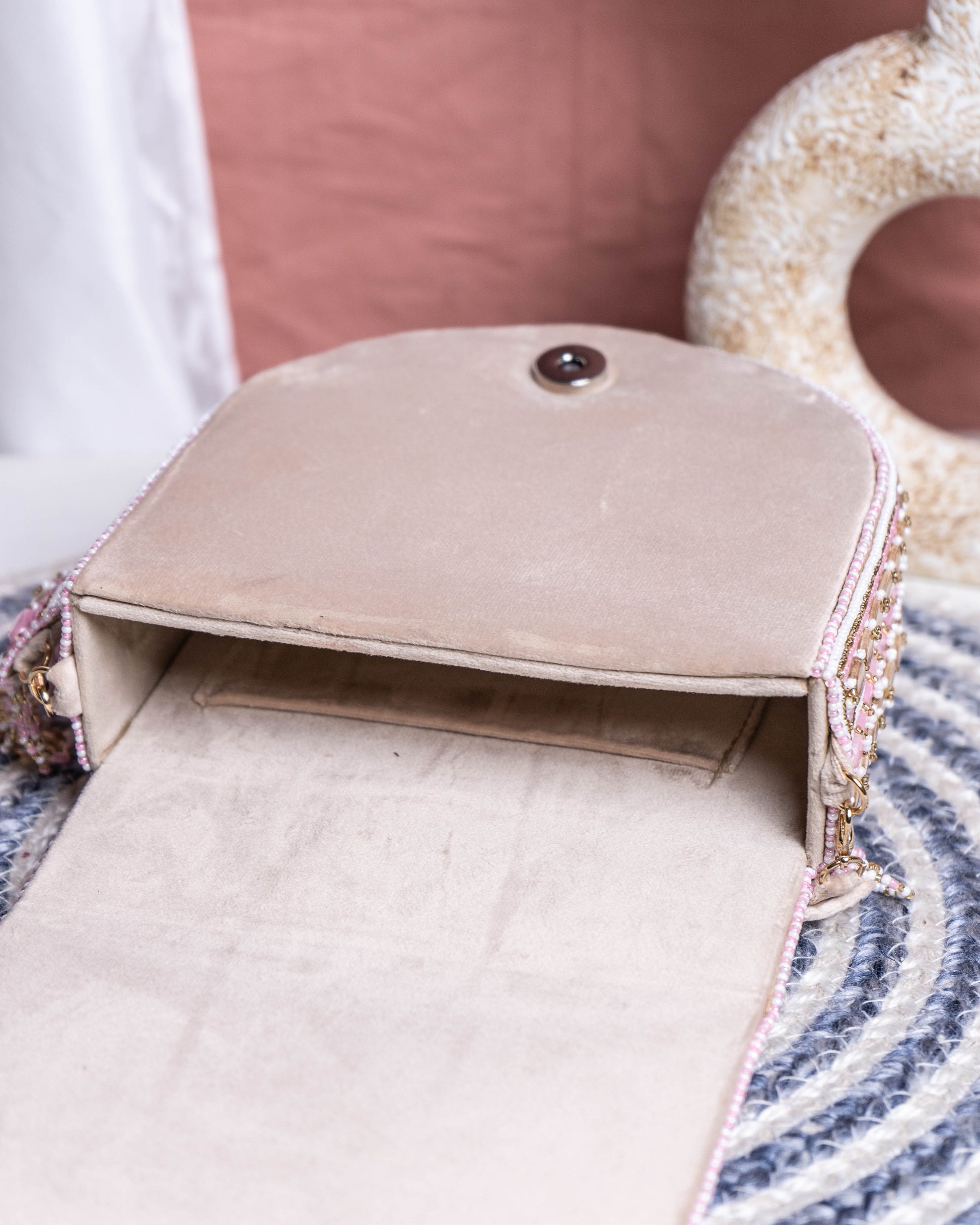 Aurela Pastel Pink & Gold Beaded Crescent Clutch