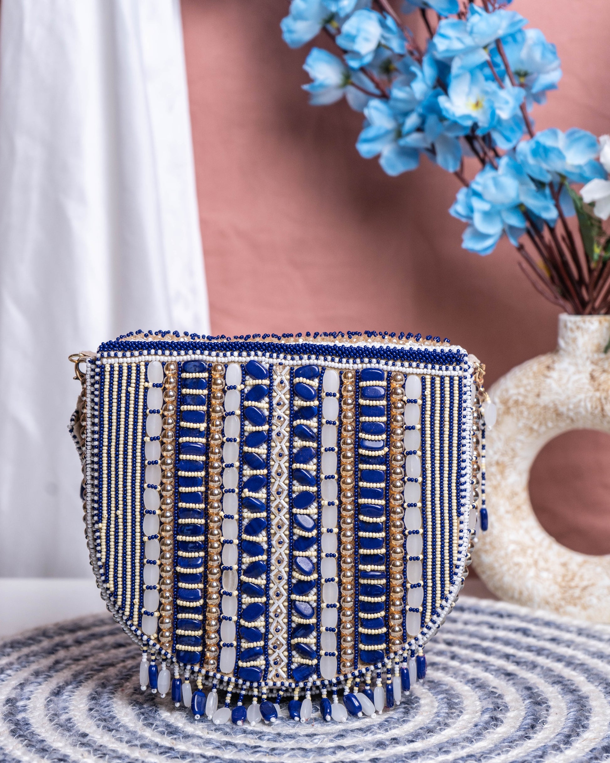Aurela Blue & Gold Beaded Crescent Clutch