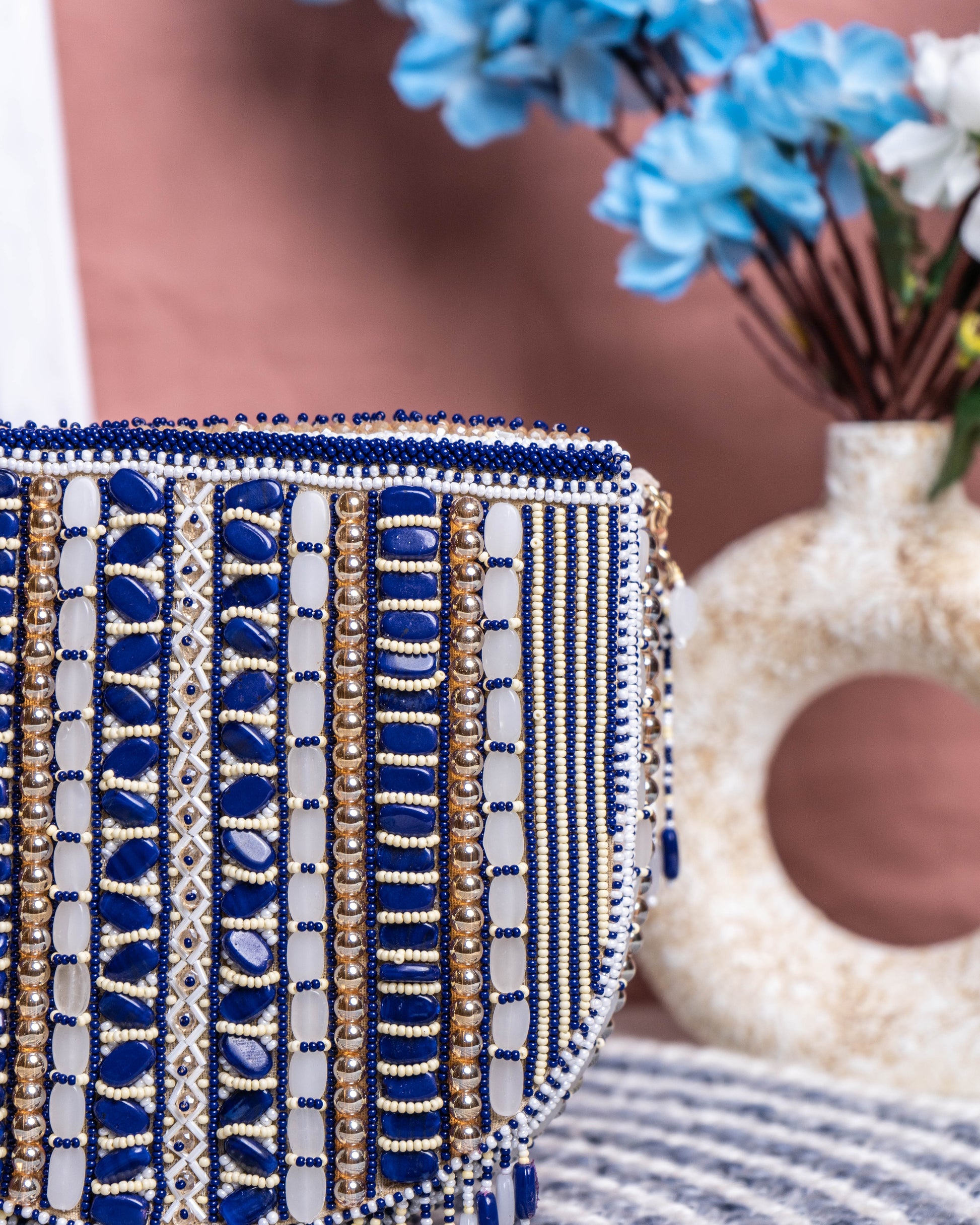 Aurela Blue & Gold Beaded Crescent Clutch