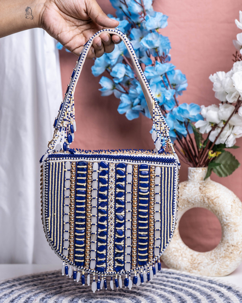 Aurela Blue & Gold Beaded Crescent Clutch