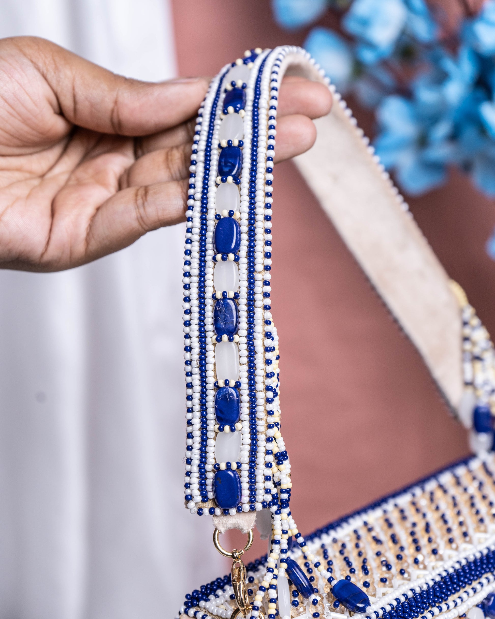 Aurela Blue & Gold Beaded Crescent Clutch