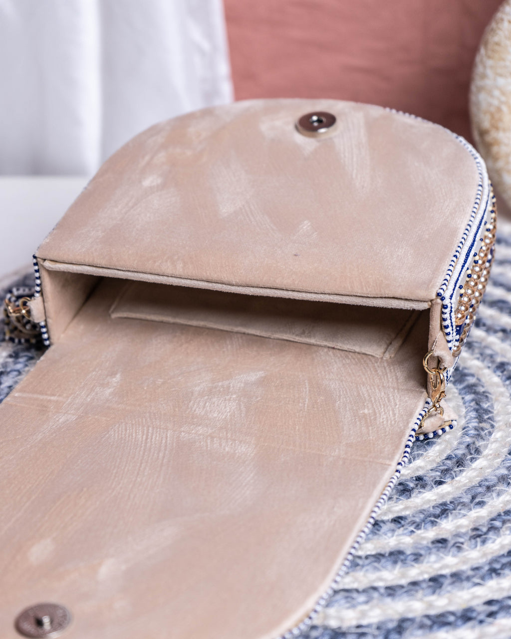 Aurela Blue & Gold Beaded Crescent Clutch