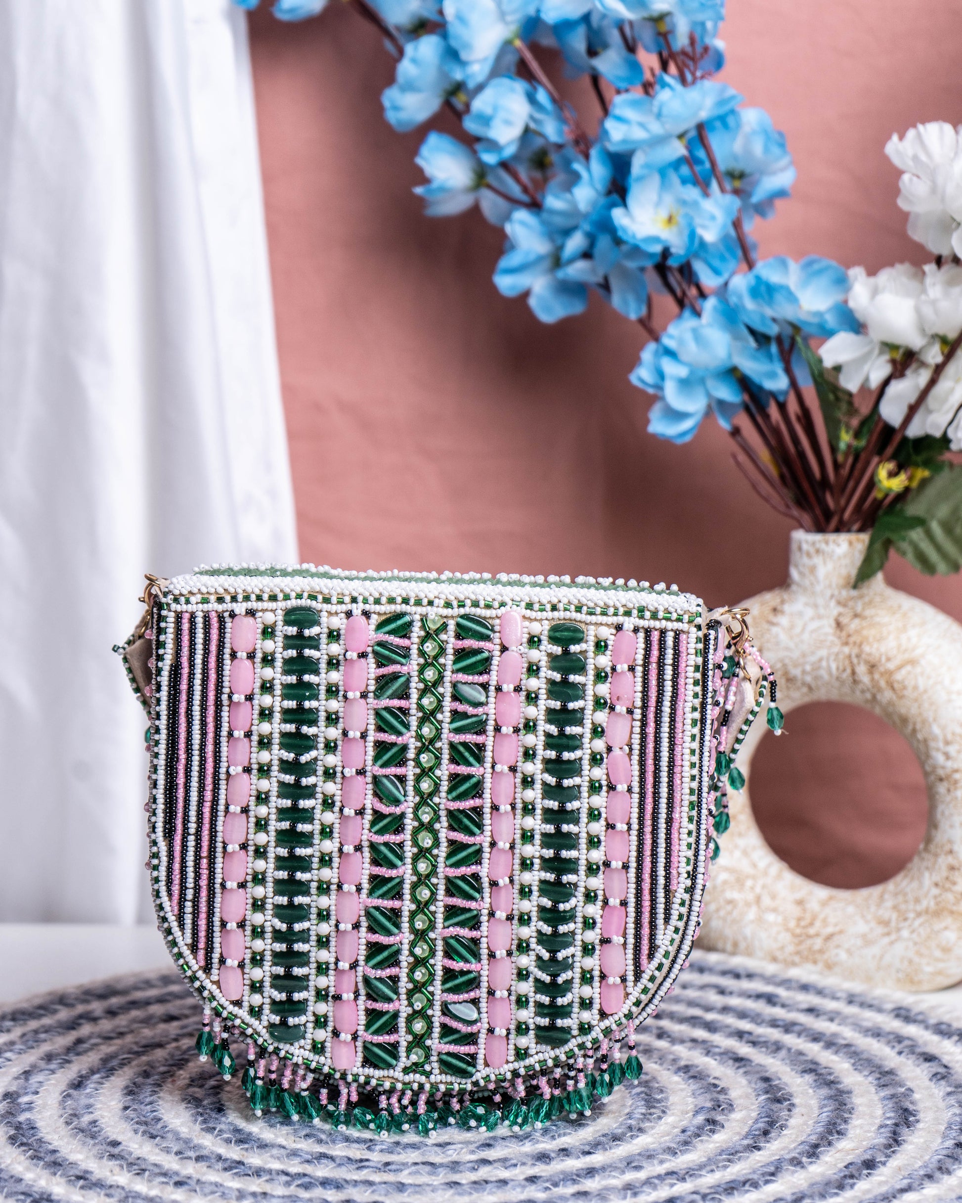 Aurela pink and green Beaded Crescent Clutch
