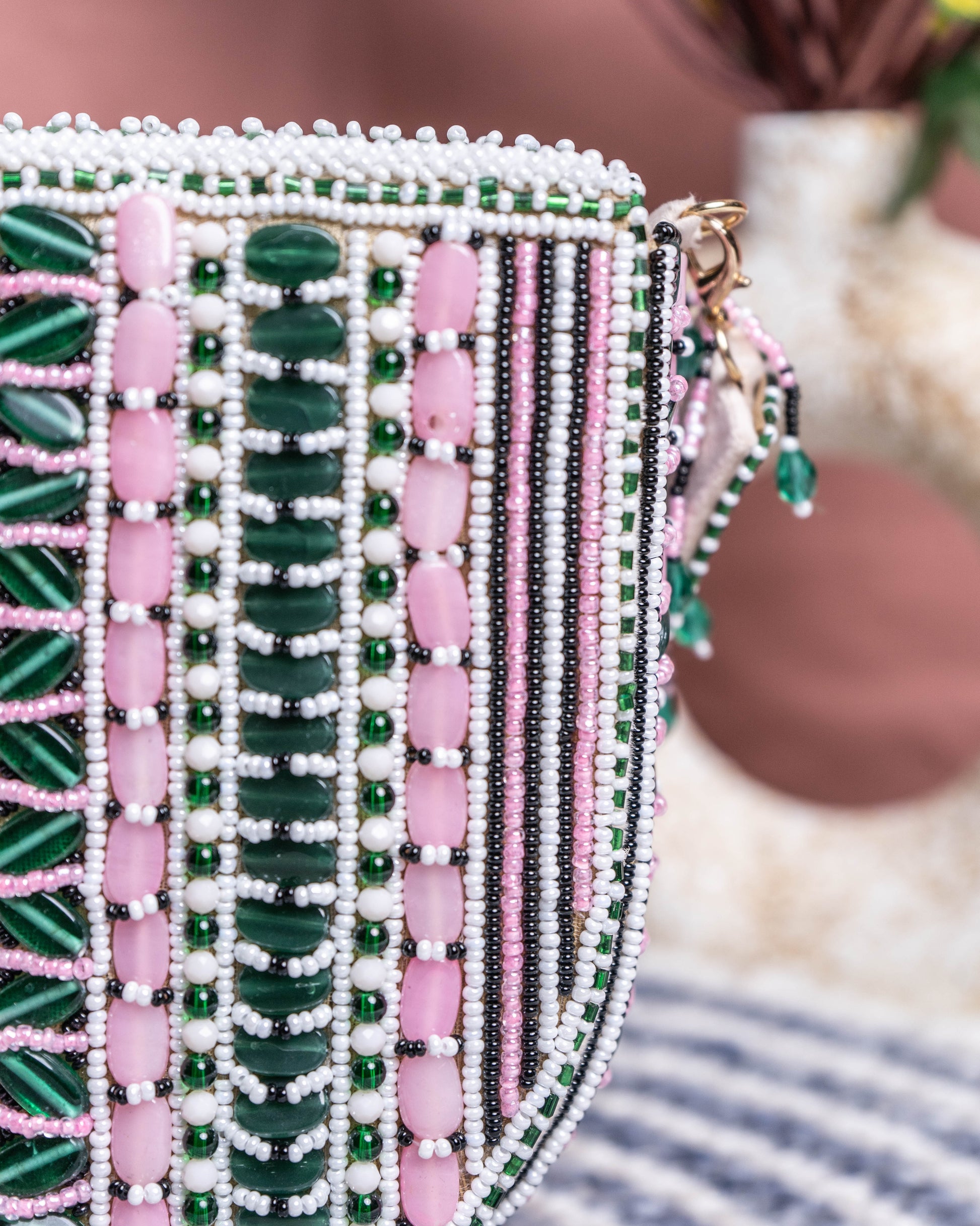 Aurela pink and green Beaded Crescent Clutch