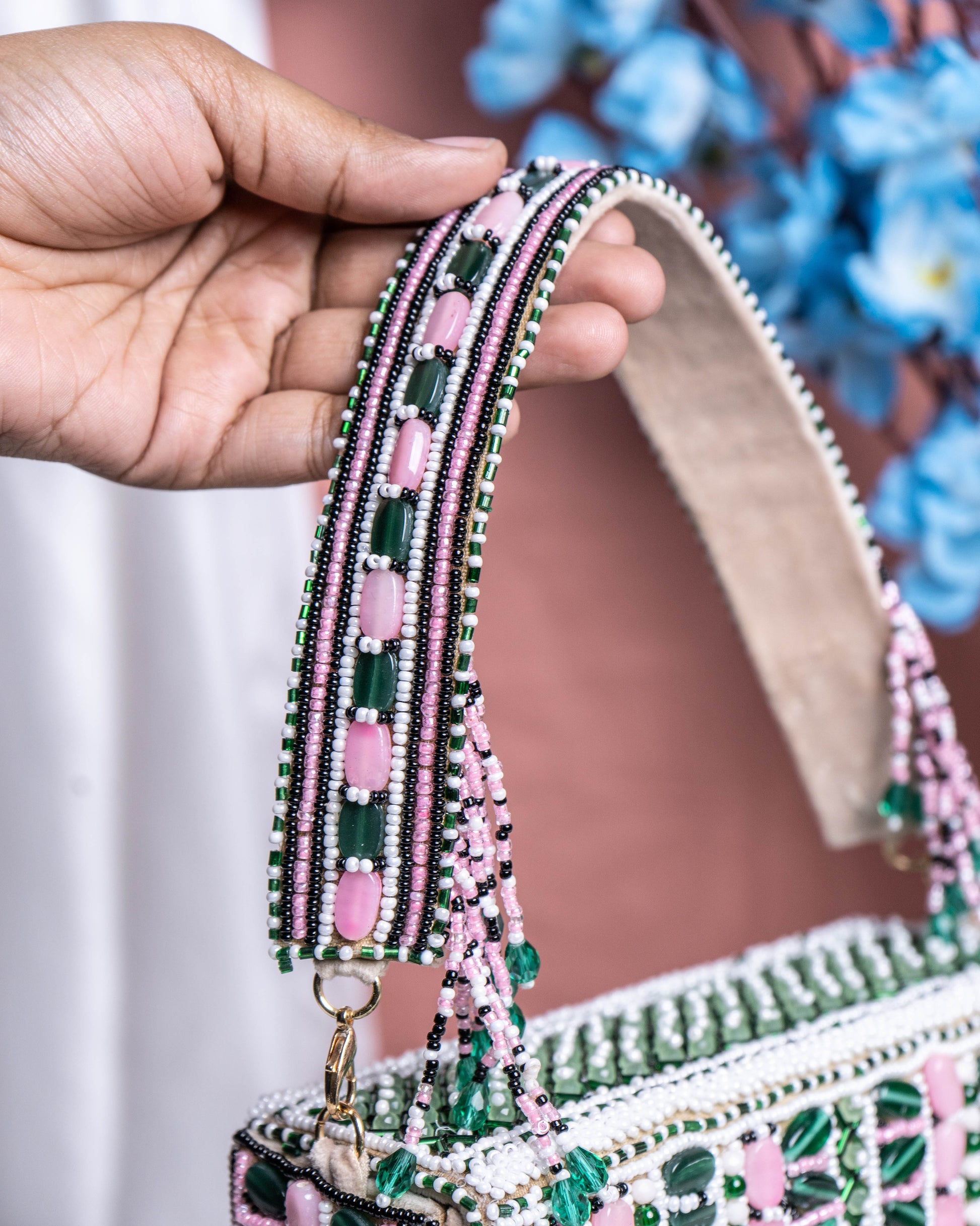 Aurela pink and green Beaded Crescent Clutch