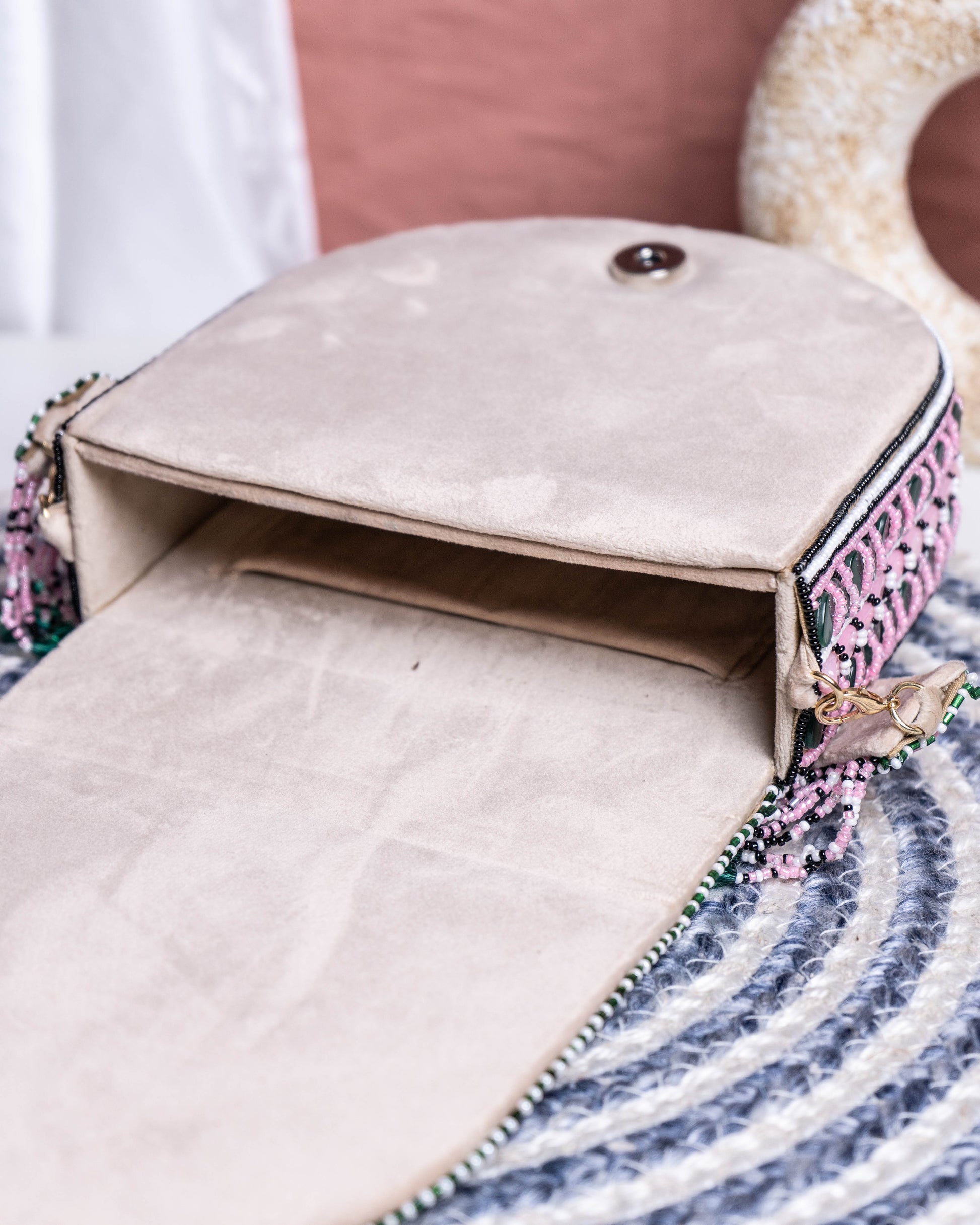 Aurela pink and green Beaded Crescent Clutch