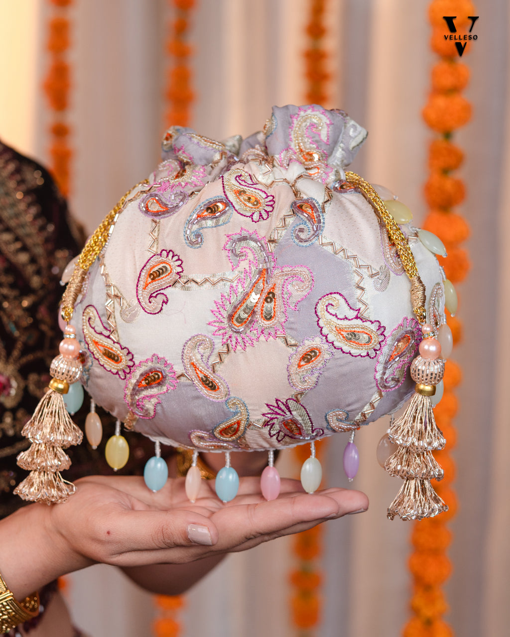 Sitara Round Potli Bag with Pastel Paisley Embroidery & Pearl Handle